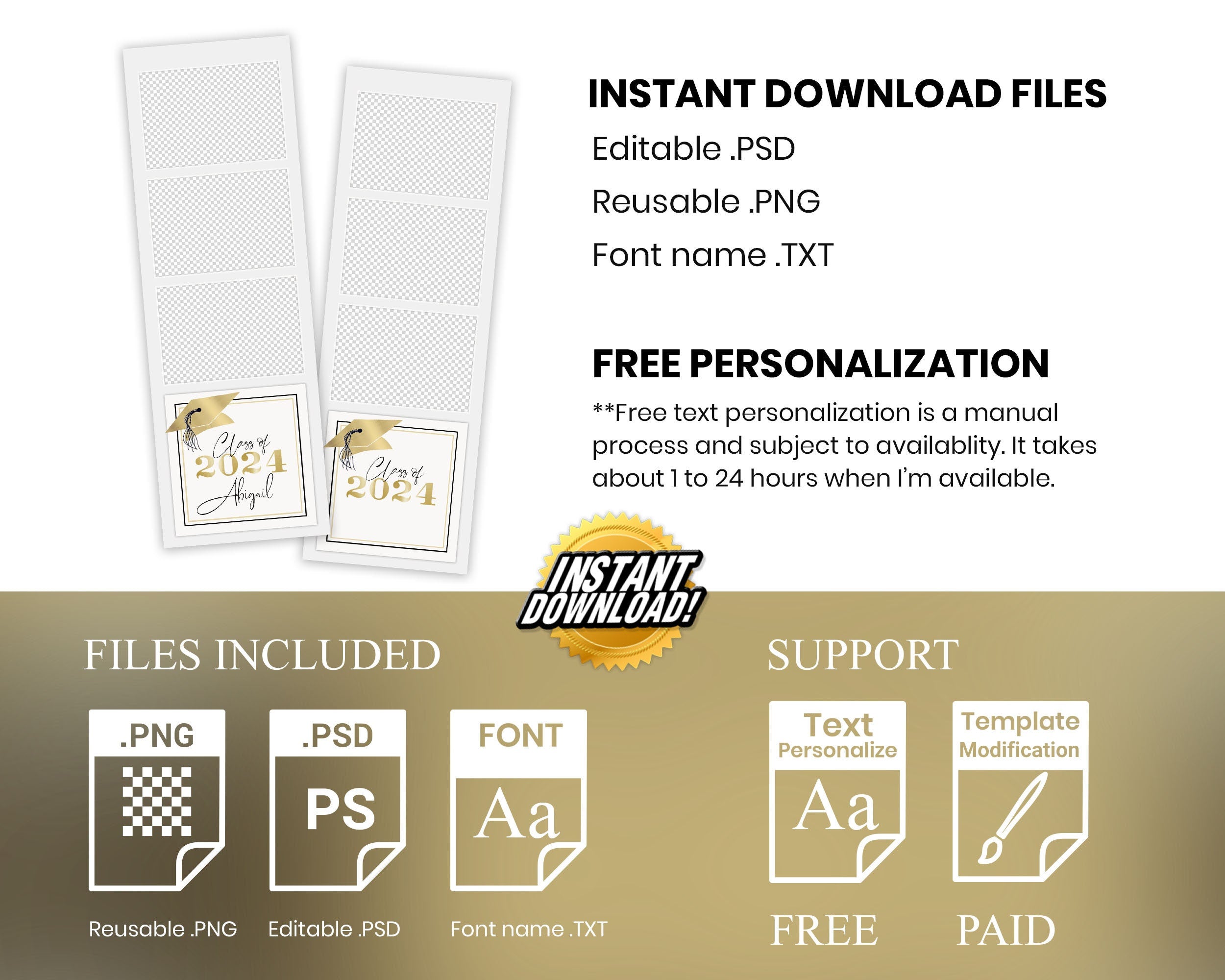 Graduation Photo Booth Template, Class of, Prom Photobooth, White Gold Grad 1094