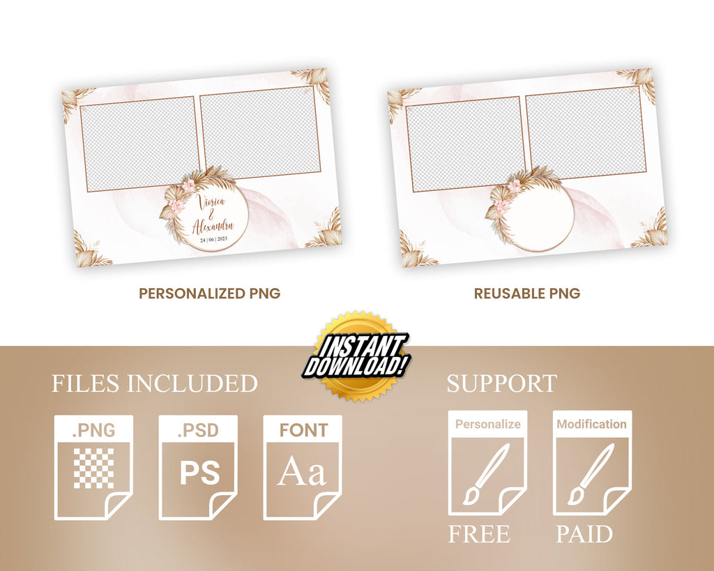 Boho Wedding Photo Booth Template 4x6 Stripe gold floral Photobooth