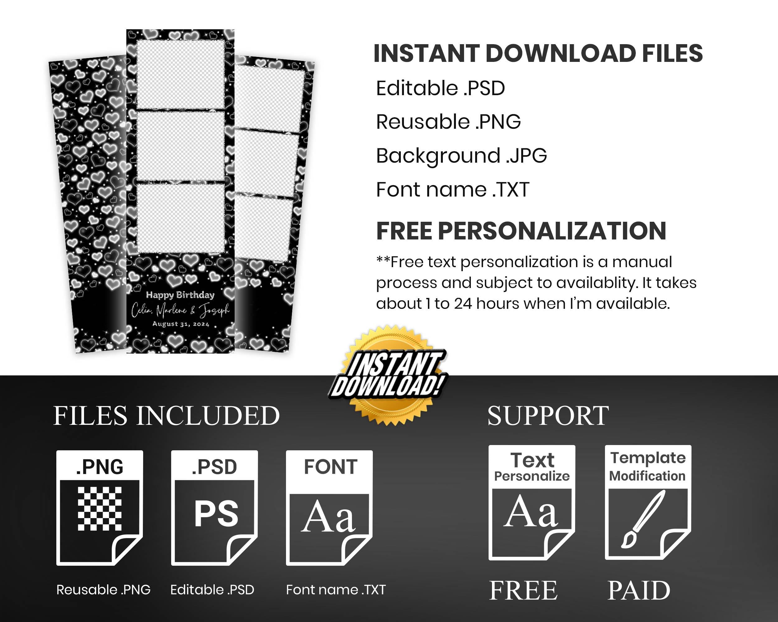 Black White Heart Love Birthday Photo Booth Template 2x6 Strip Wedding Photobooth Template 870