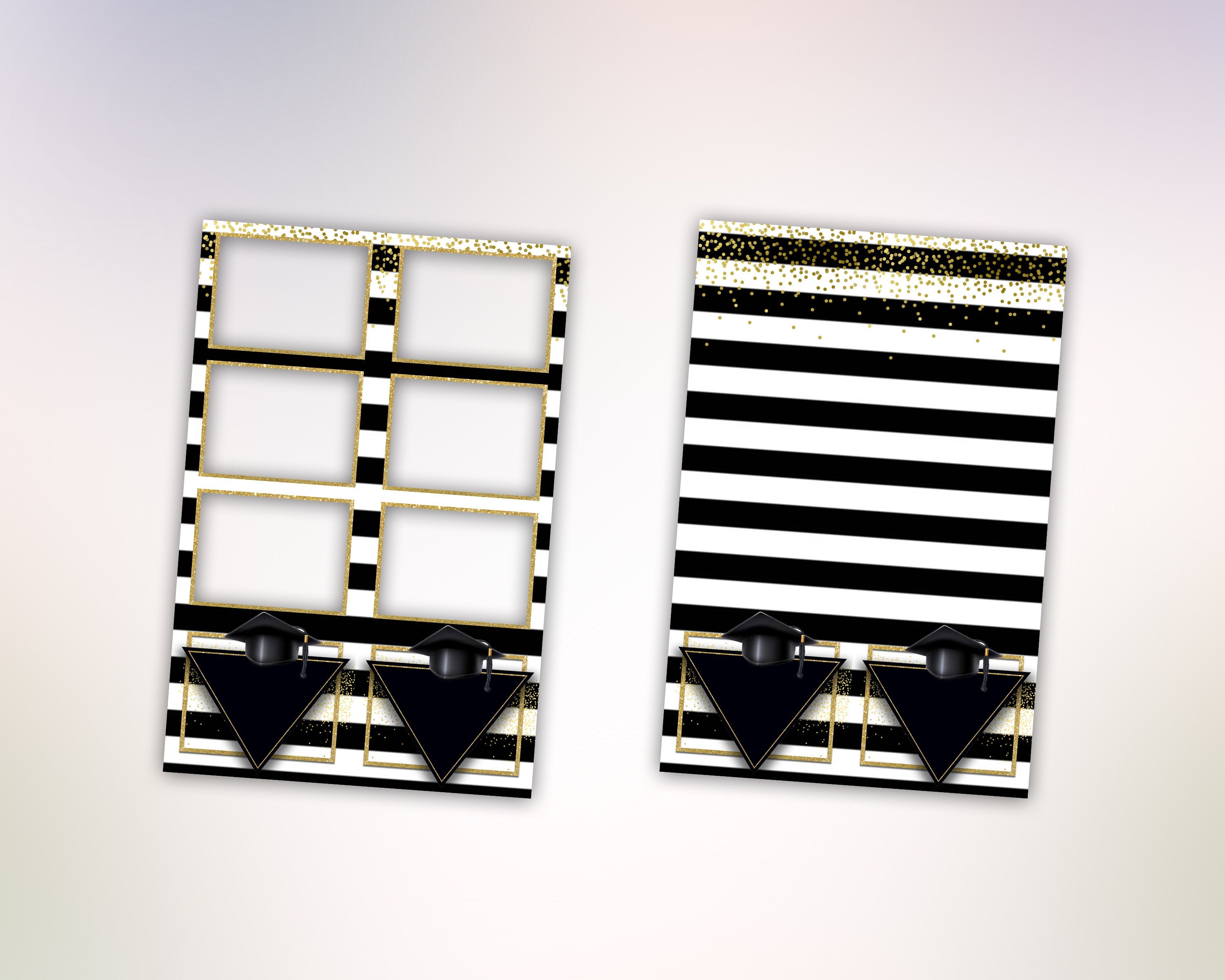 Graduation Party Photobooth template, class of 2023, black gold & white strip 2x6 triple shot photo booth template