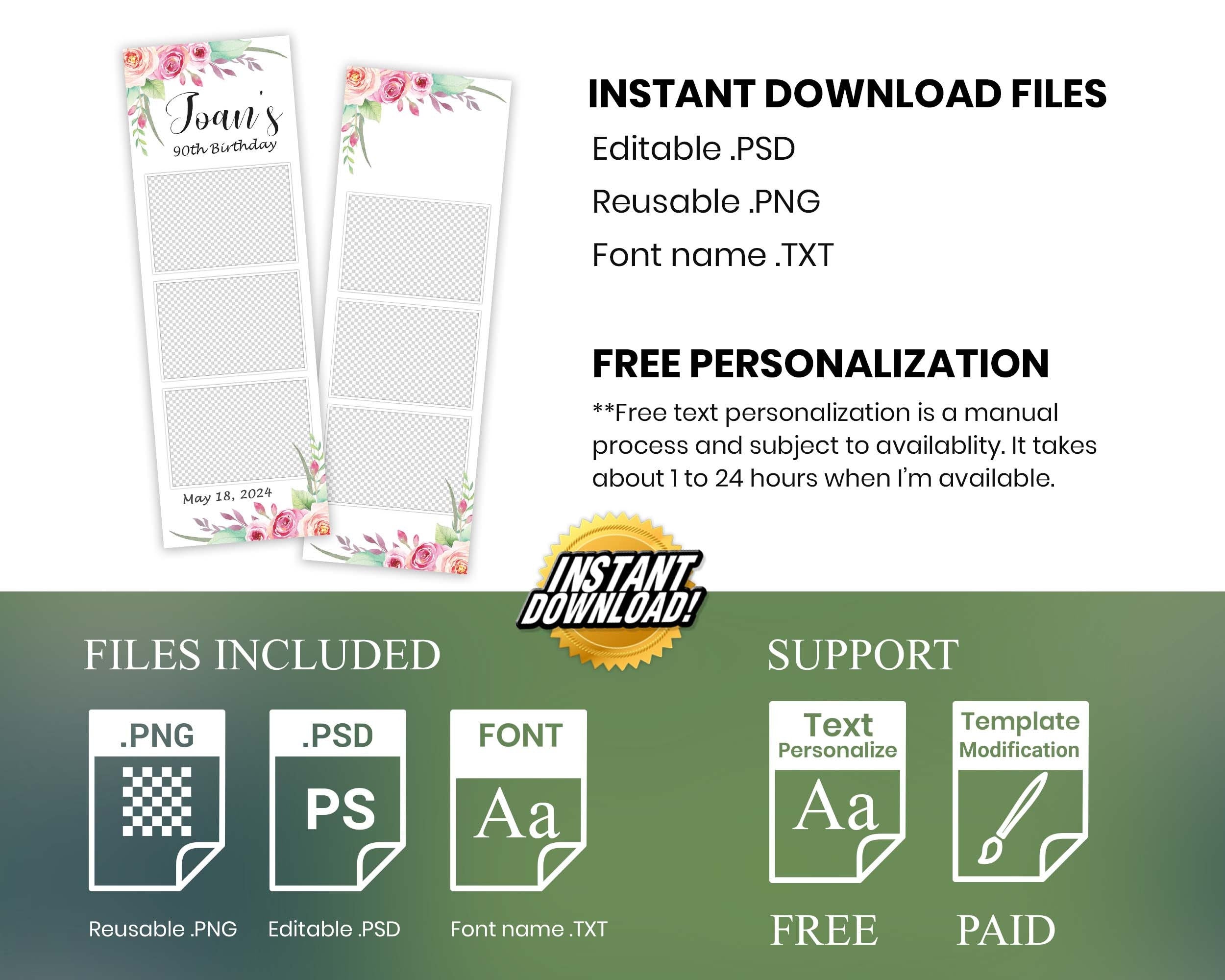 Birthday Wedding Anniversary Photo Booth Template Floral Photobooth Template Sweet 16 Bridal Shower 203