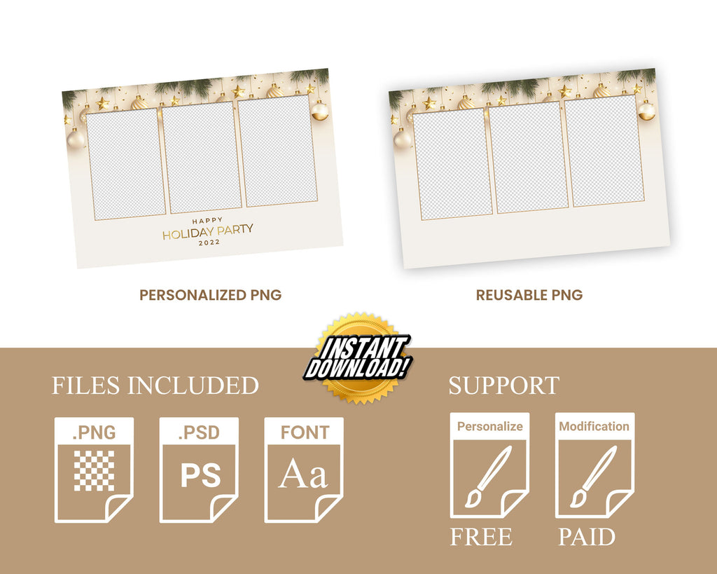 Christmas Photobooth Template 4x6 Landscape 3 Photo 2023 Holiday Party Gold and Green Happy New Year 2024 Xmas Mirror booth Template CM2