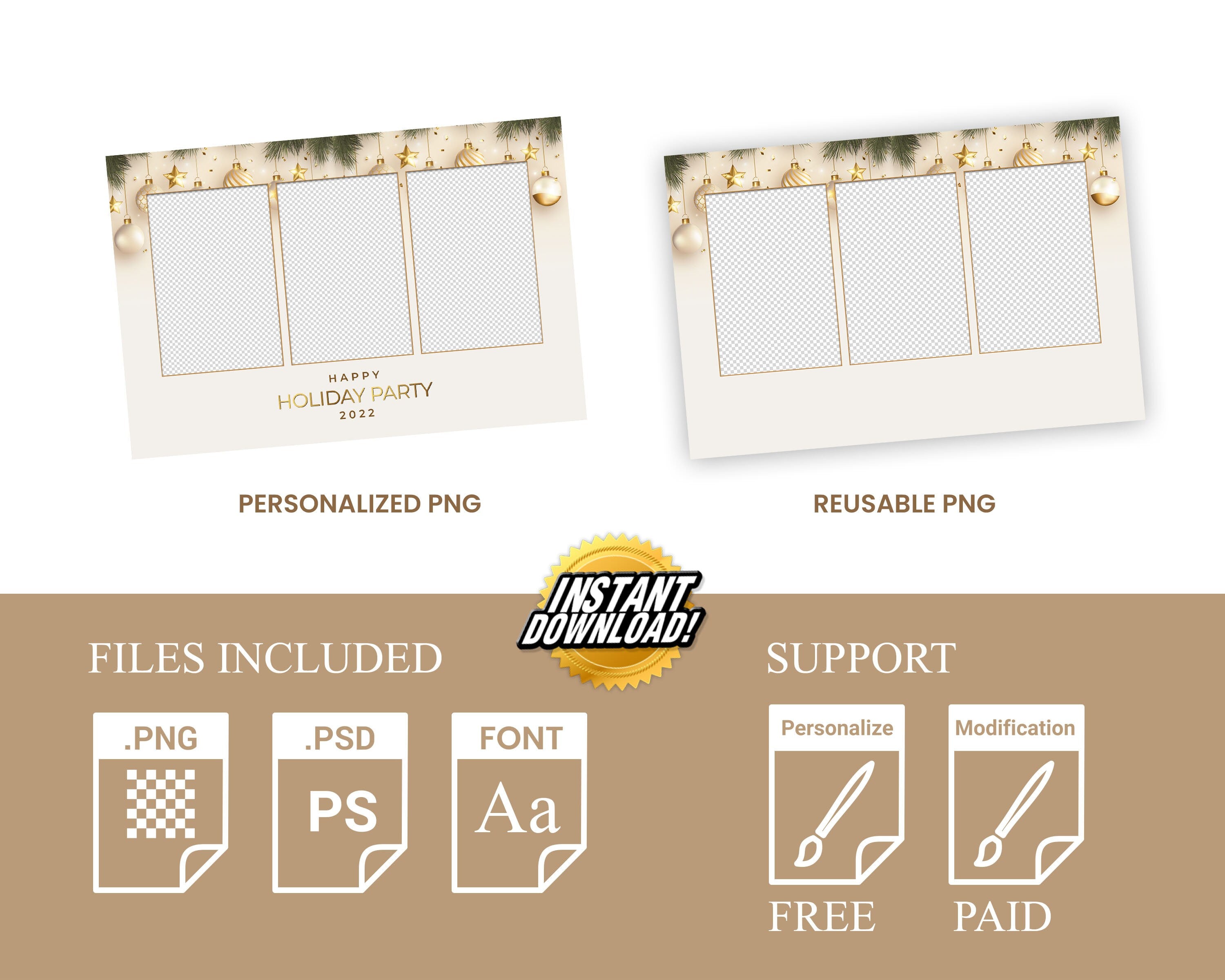 Christmas Photobooth Template 4x6 Landscape 3 Photo 2023 Holiday Party Gold and Green Happy New Year 2024 Xmas Mirror booth Template CM2