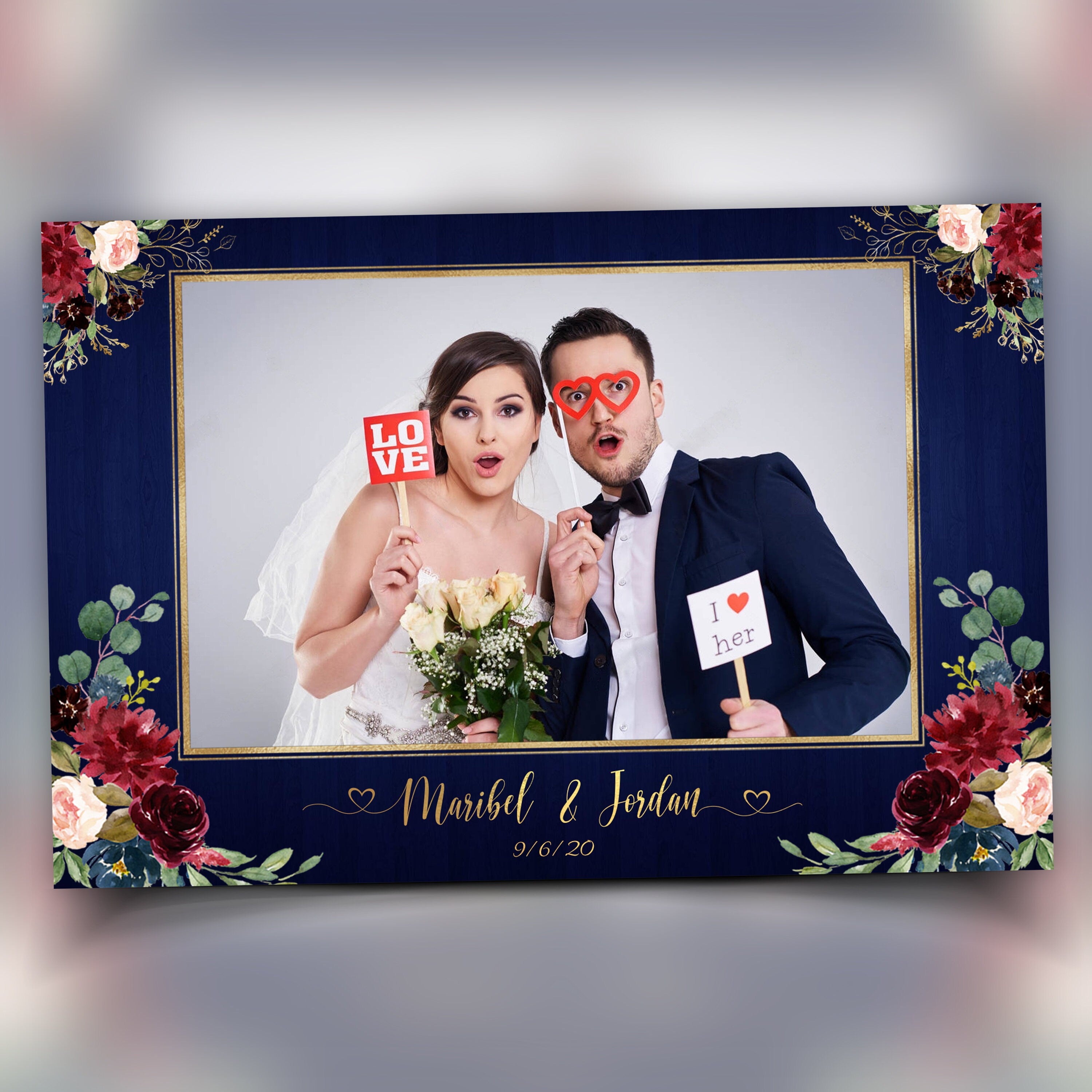 Wedding Photo Booth Template, Burgundy and Gold Floral Leaves Photobooth Template, 4x6 Wedding Photo booth Template
