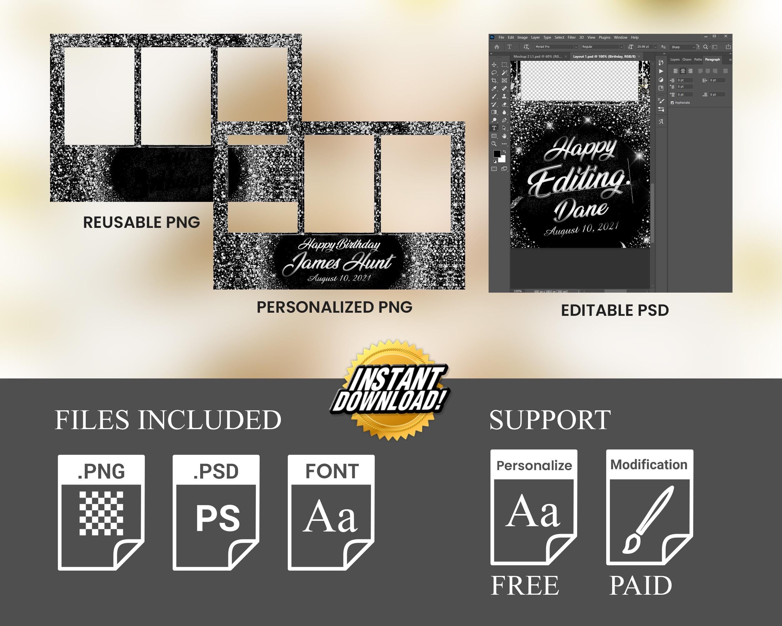 Birthday Photobooth Template Black Silver Glitter Sparkles silver dust bday mirror booth portrait template 4x6 Landscape Layout 6 BM15