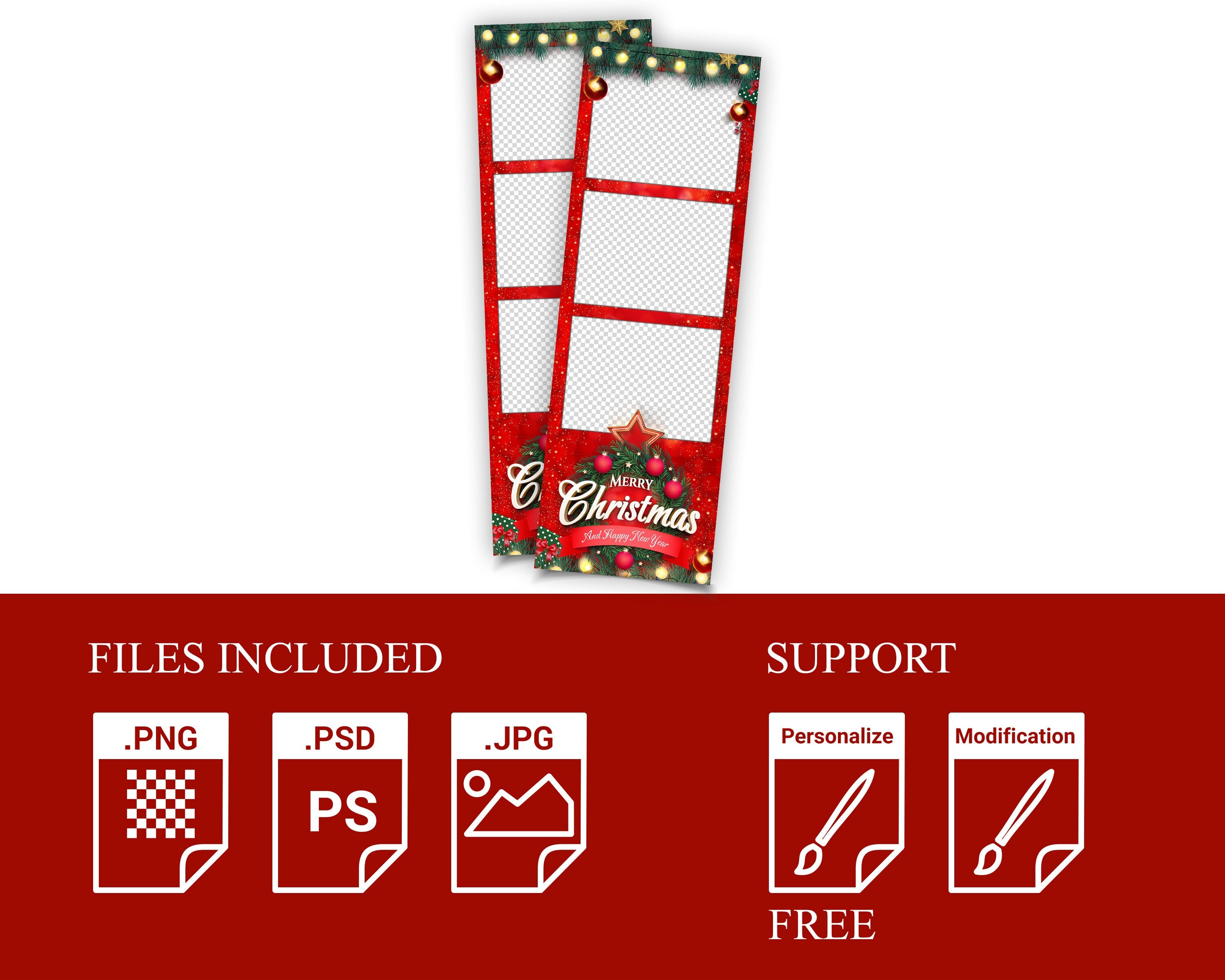 Christmas Photobooth Template, 2x6 Strip Merry Christmas and New Year 2024, Xmas Green & Red for Darkroom, DSLR and many more PSD PNG
