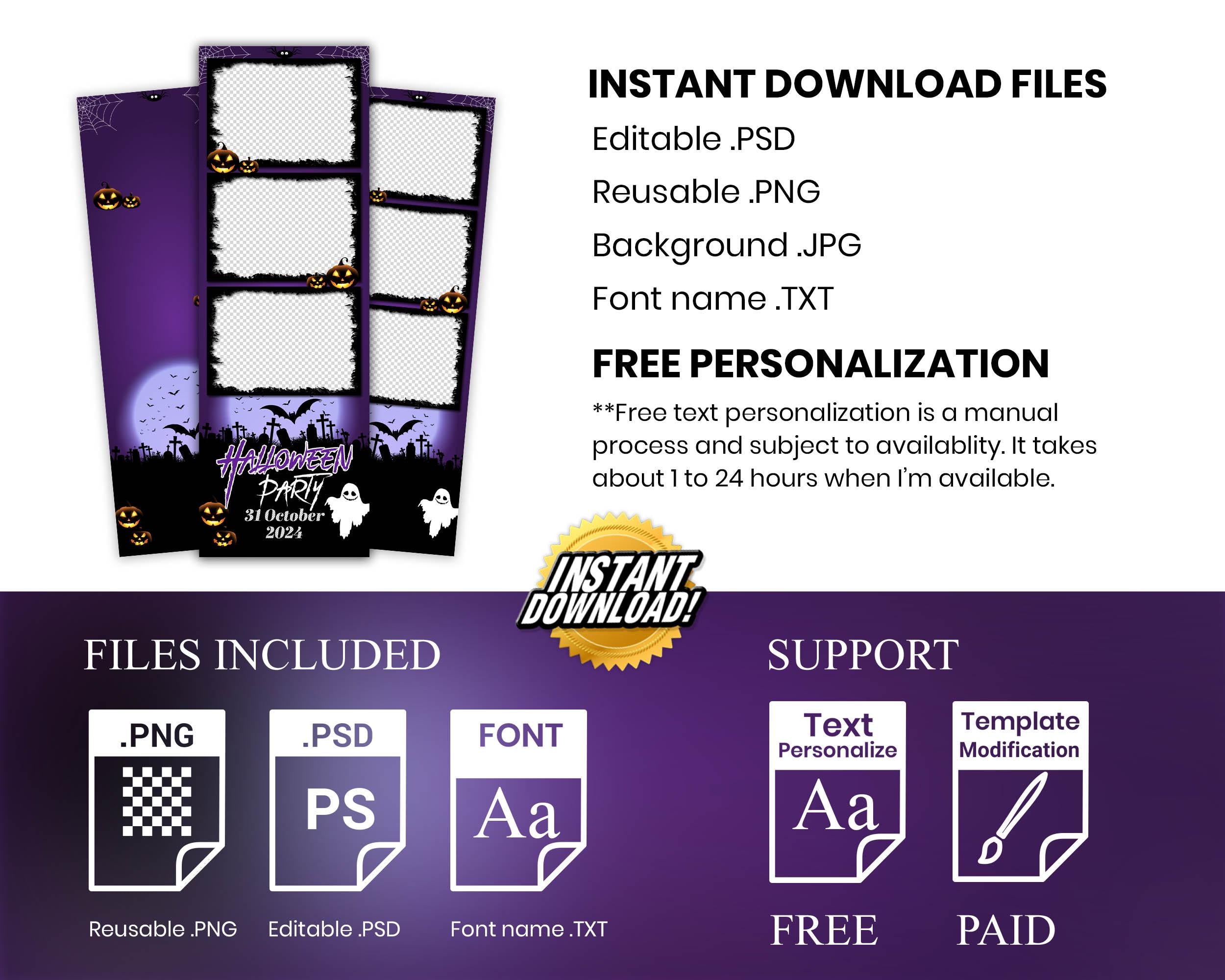 Halloween Photobooth Template 2x6 Strip 3 photo Trick or Treat Purple Halloween Photo Booth Template Pumpkin Scary Night TB199