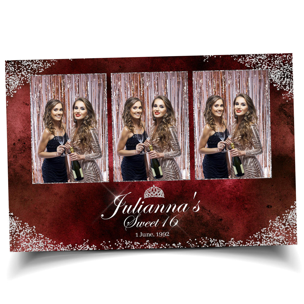 Birthday Photobooth Template Sweet 16 Quinceañera 4x6 mirror booth maroon burgundy color with silver glitter accent with crown mis quince S2