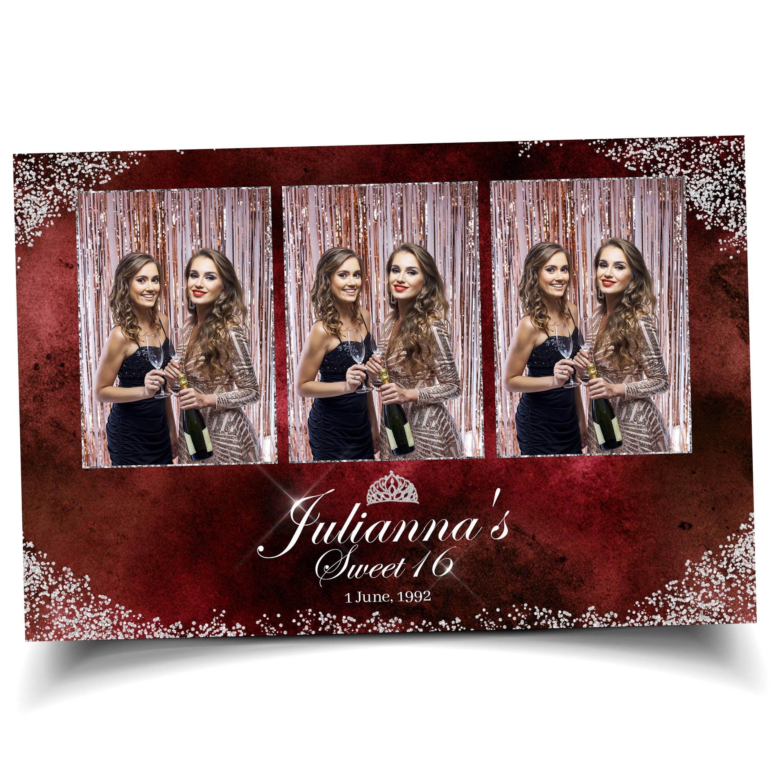 Birthday Photobooth Template Sweet 16 Quinceañera 4x6 mirror booth maroon burgundy color with silver glitter accent with crown mis quince S2