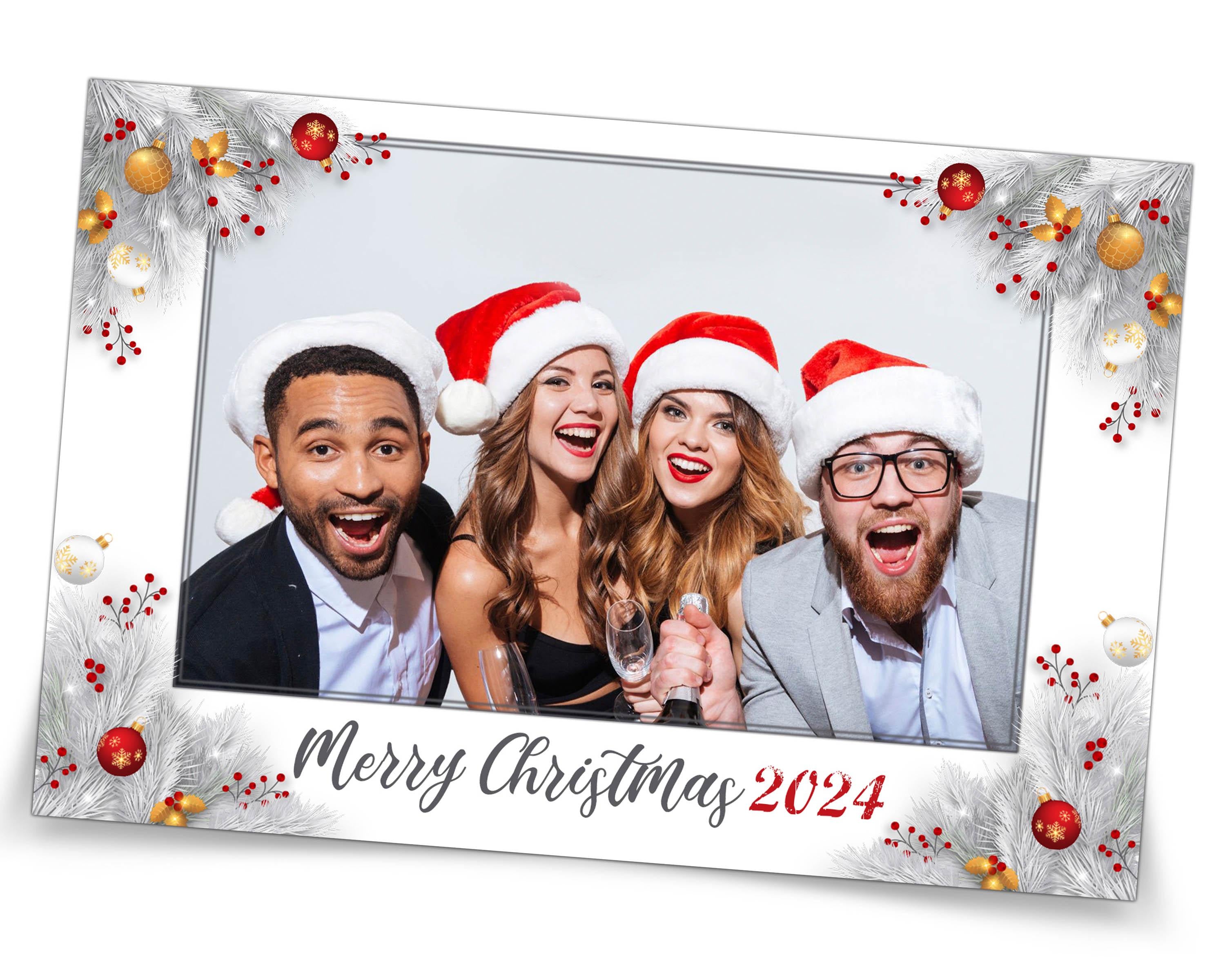 Holiday Photobooth Template white grass snow theme white red orange Christmas party photo booth template 4x6 portrait for mirror booth