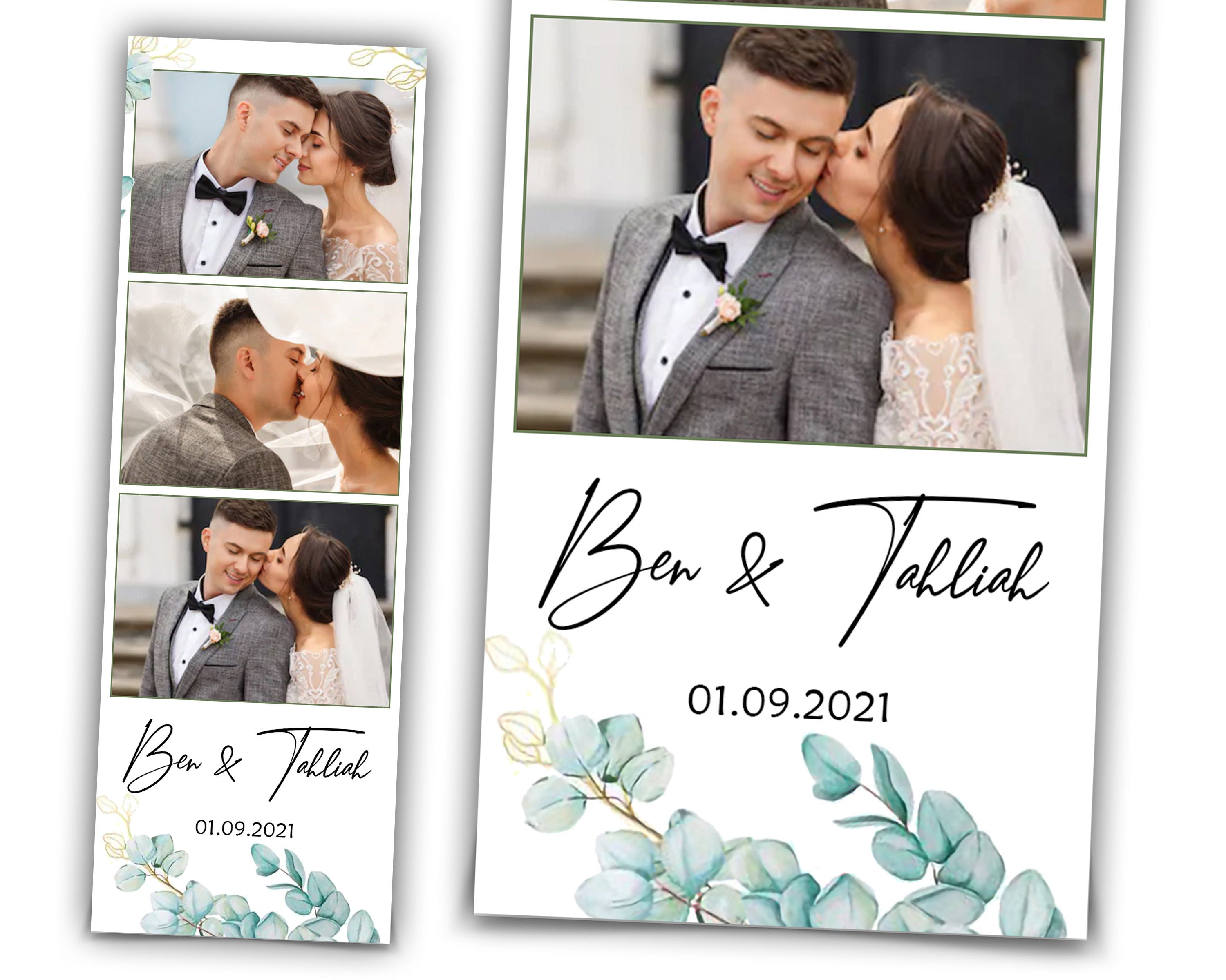Wedding Bridal Shower green Photobooth Template Floral leaves Anniversary Photo Booth Template 2x6 photo strip botanic watercolor with fonts