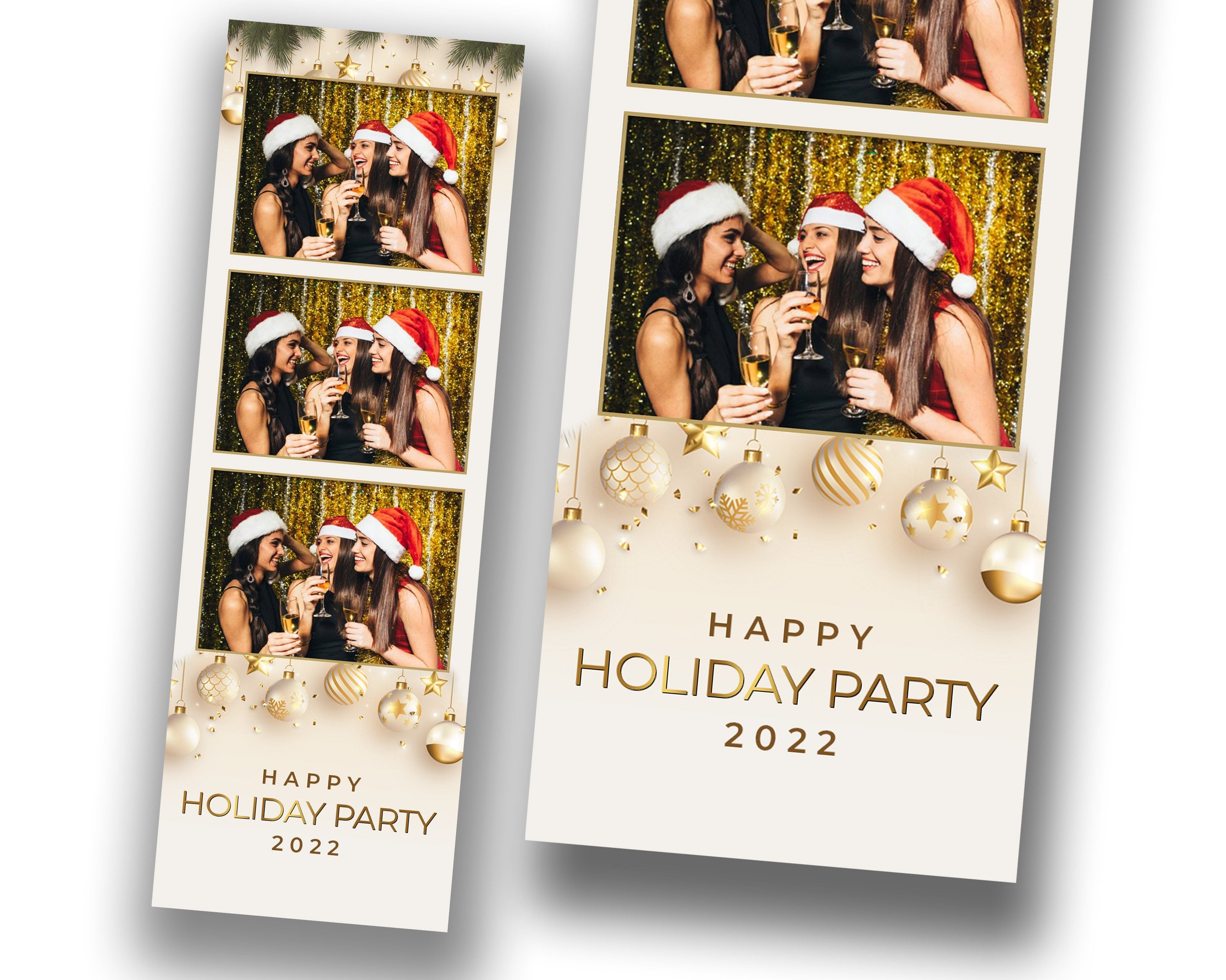 Christmas Photobooth Template 2x6 Stripe 2023 Happy Holiday Party Merry Christmas Gold and Green New Year 2024 Xmas Photo booth Template CM2