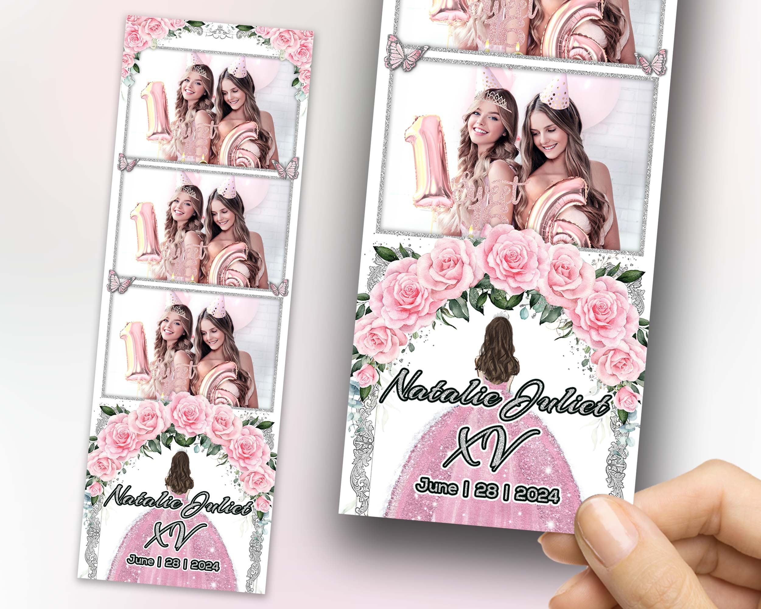 Sweet 16 Photobooth Template, Quinceanera Photo Booth, Birthday, Mis, Quince, Quinceañera, Light Pink Flower, Floral, Butterfly, XV, 1109
