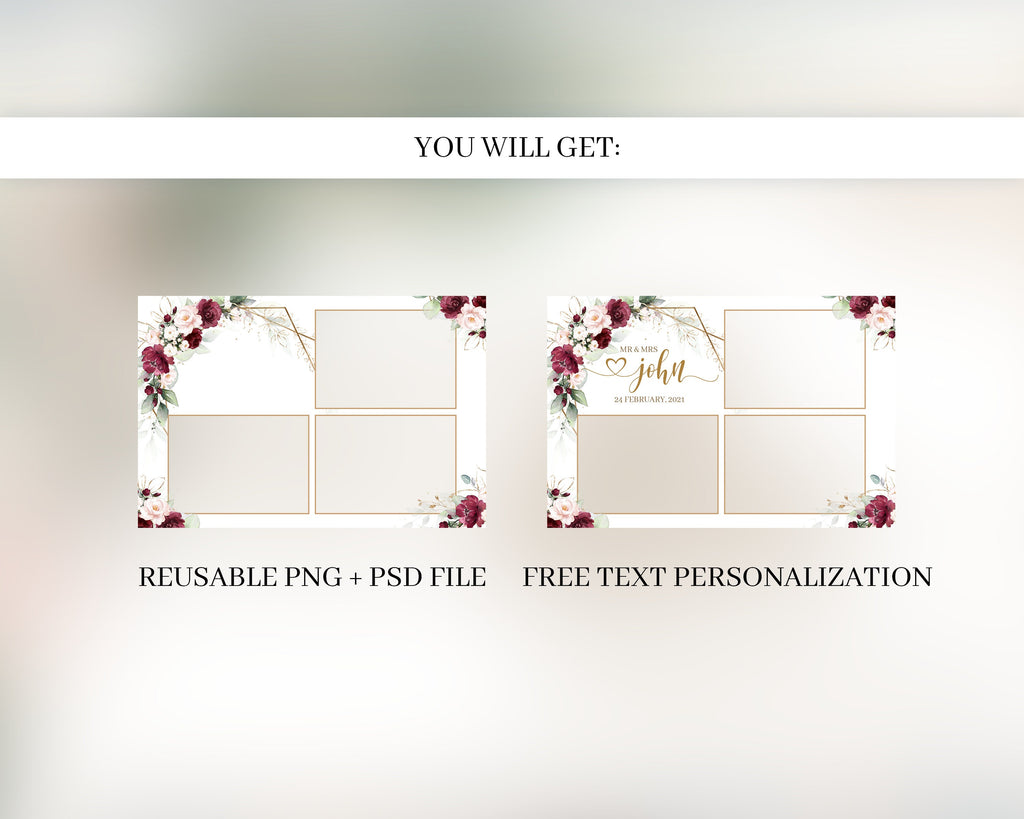 Wedding Photobooth Template, Anniversary Photo Booth, Bridal Shower, Maroon Flower Greenery Burgundy Flowers Overlay Frame 703
