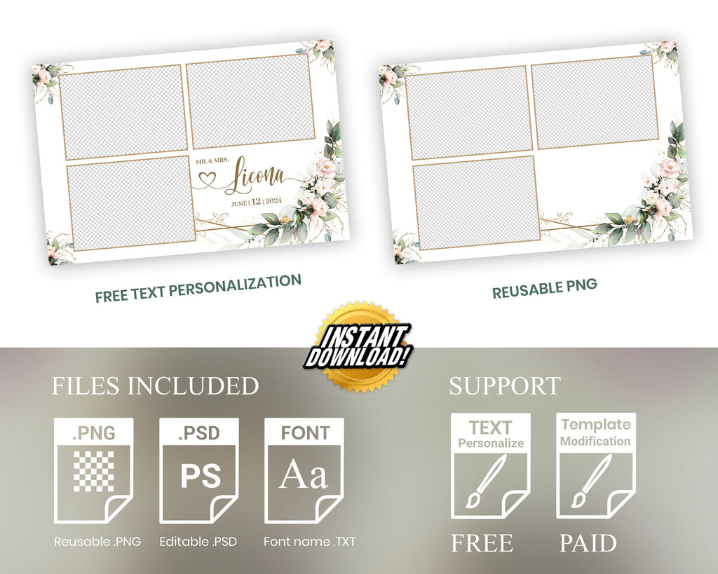 Wedding Photobooth template 4x6 with Floral blush pink flowers and greenery with gold triple photo Anniversary photo booth template TB683