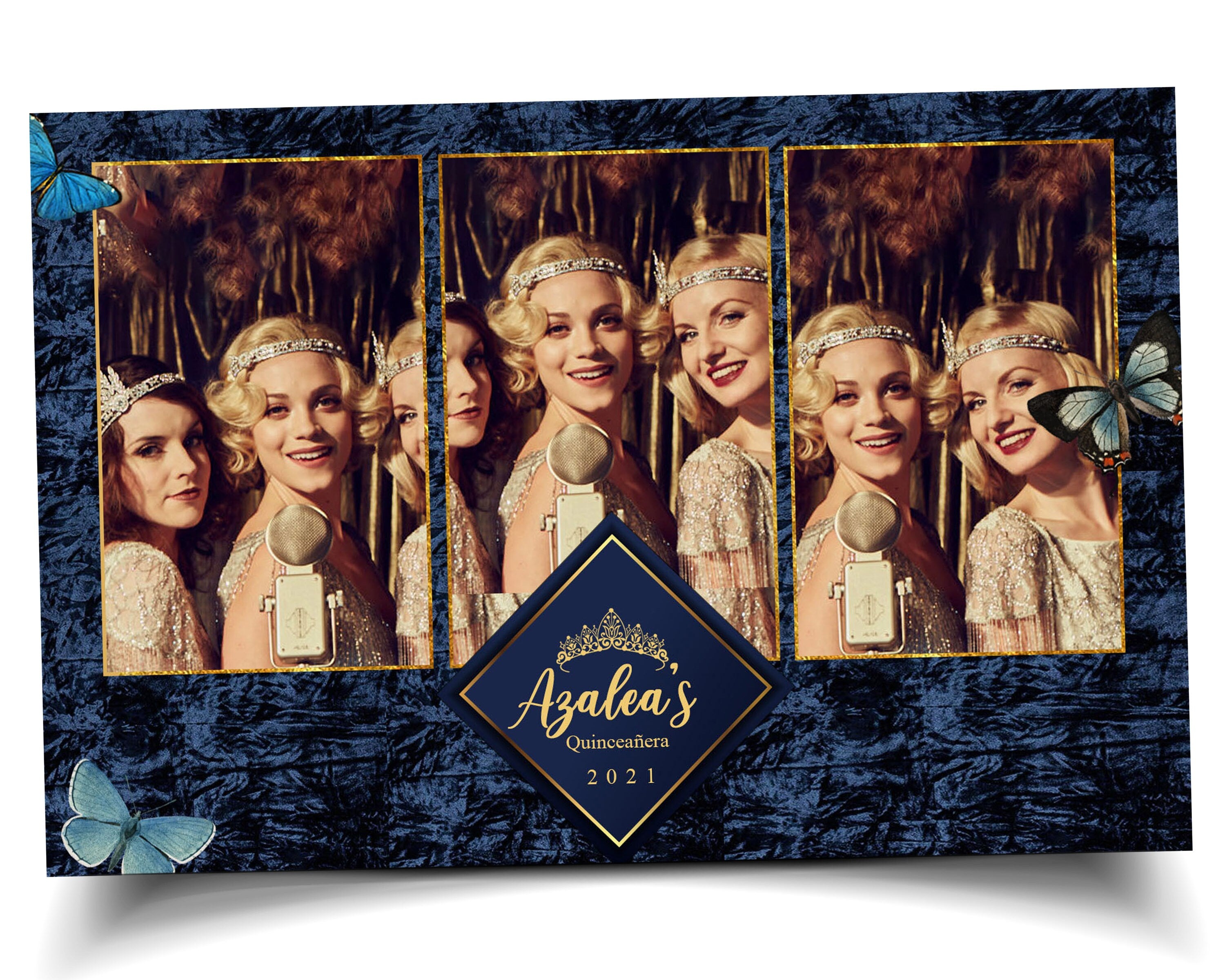Mirror Booth Birthday Blue Butterfly Quinceañera Photobooth template 4x6 sweet sixteen 16 birthday navy blue photo booth template