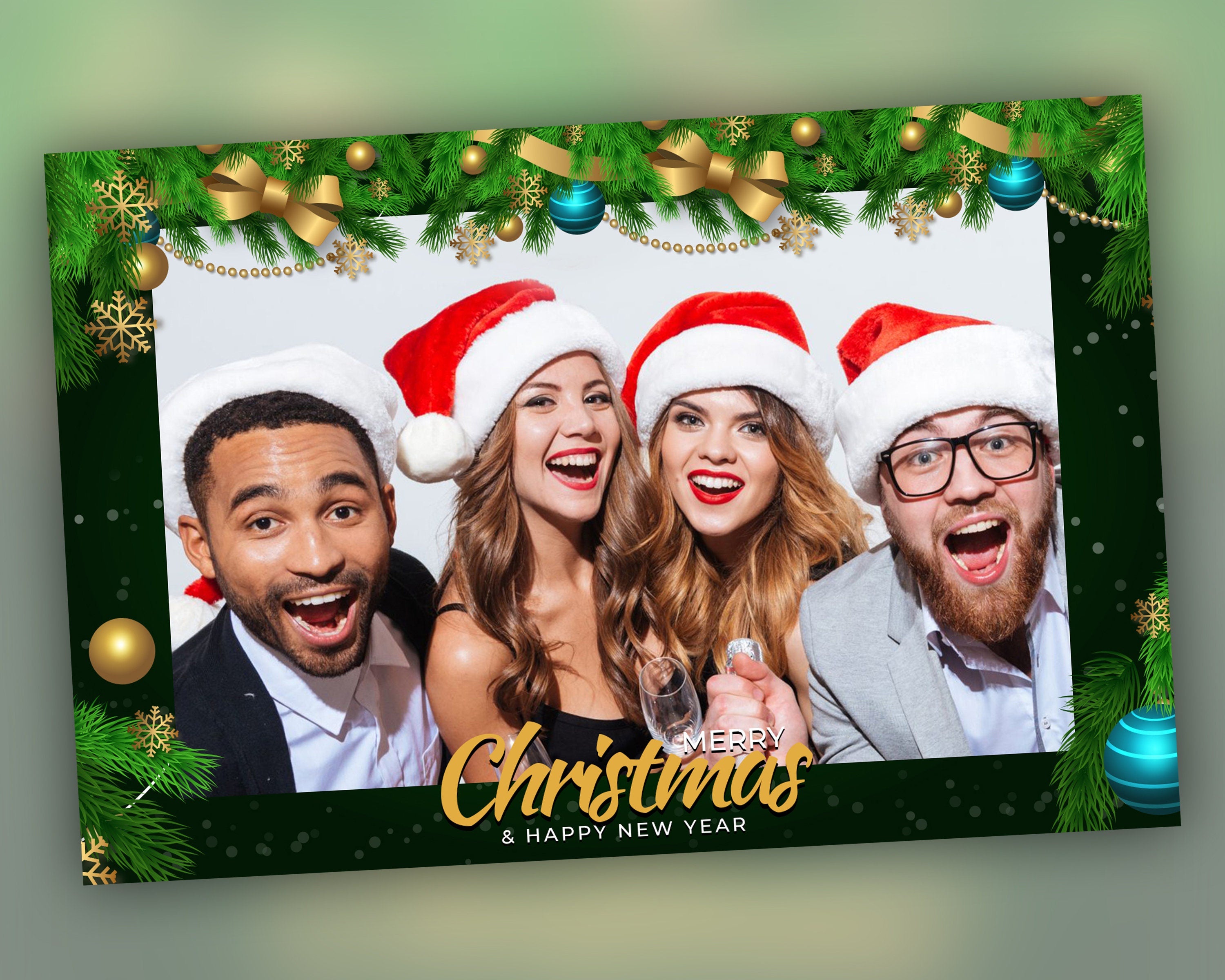 Christmas Holiday Party 2024 Photo Booth Template Green Gold xmas corporate holiday Party Photobooth 4x6 landscape 1 Single Photo layout CM5