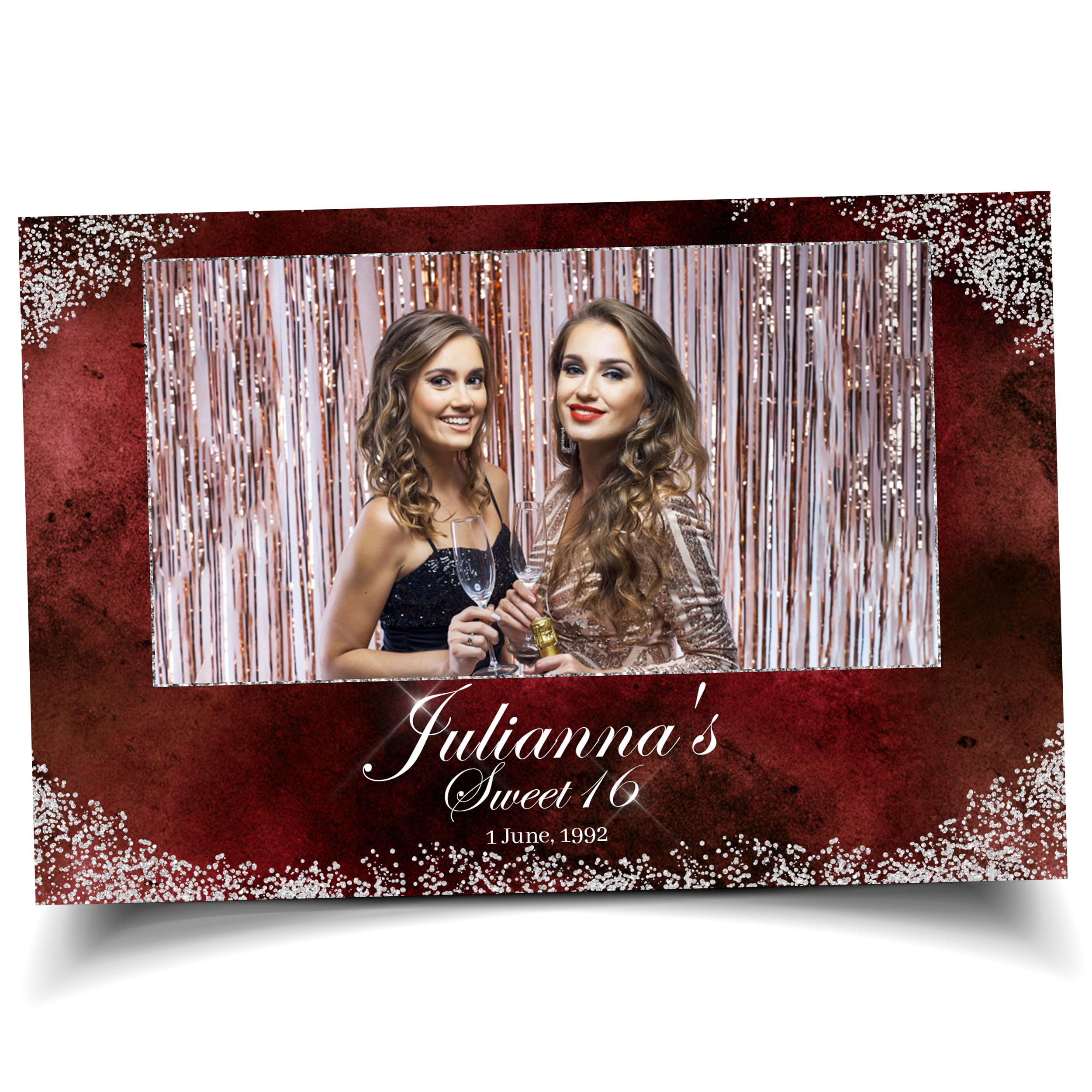 Birthday Photobooth Template Sweet 16 Quinceañera 4x6 landscape maroon burgundy color with silver glitter accent and crown mis quince S2
