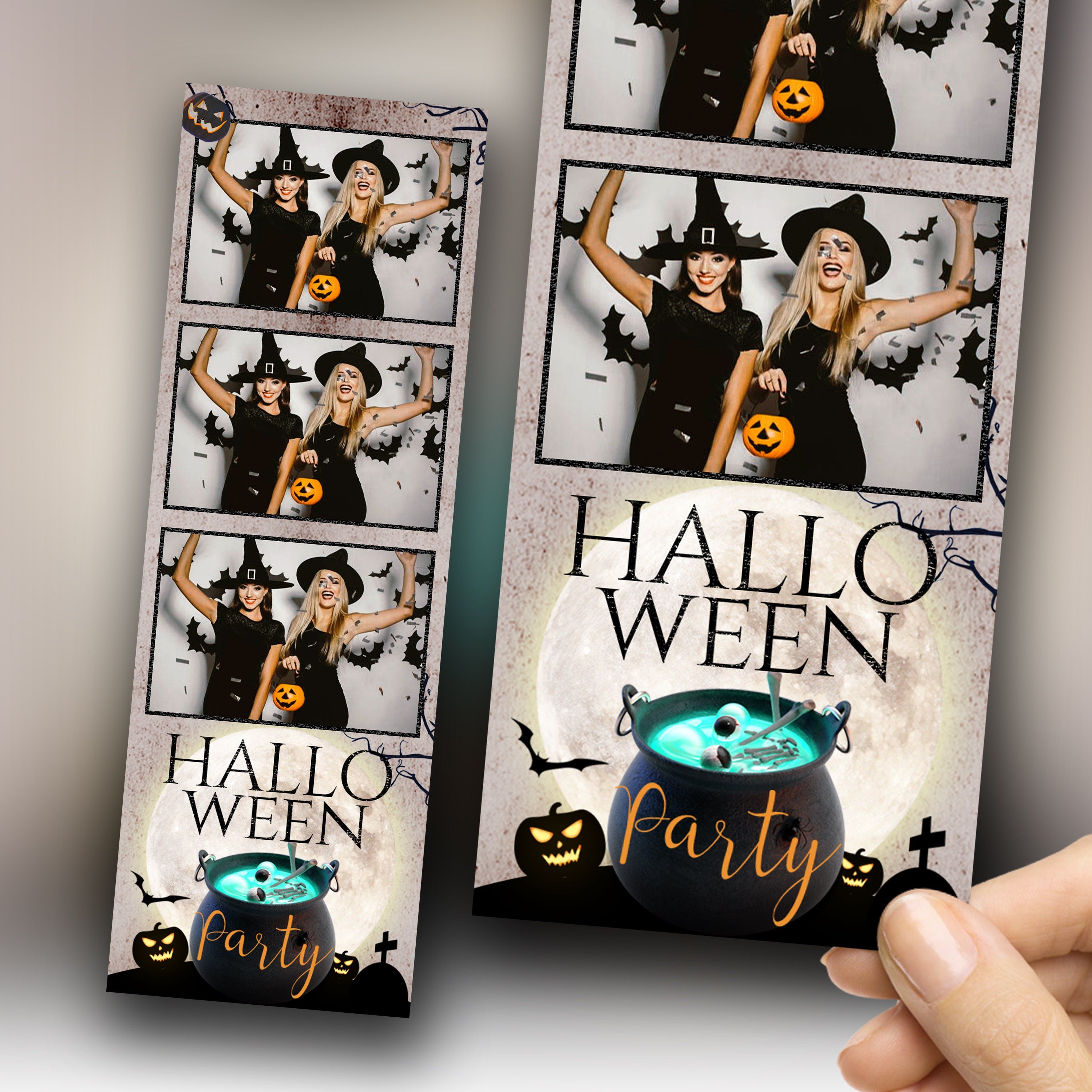 Halloween Photobooth Template 2x6 Trick or Treat Party 2024 stylish halloween Photo booth Template strip 3 shots PSD PNG Font