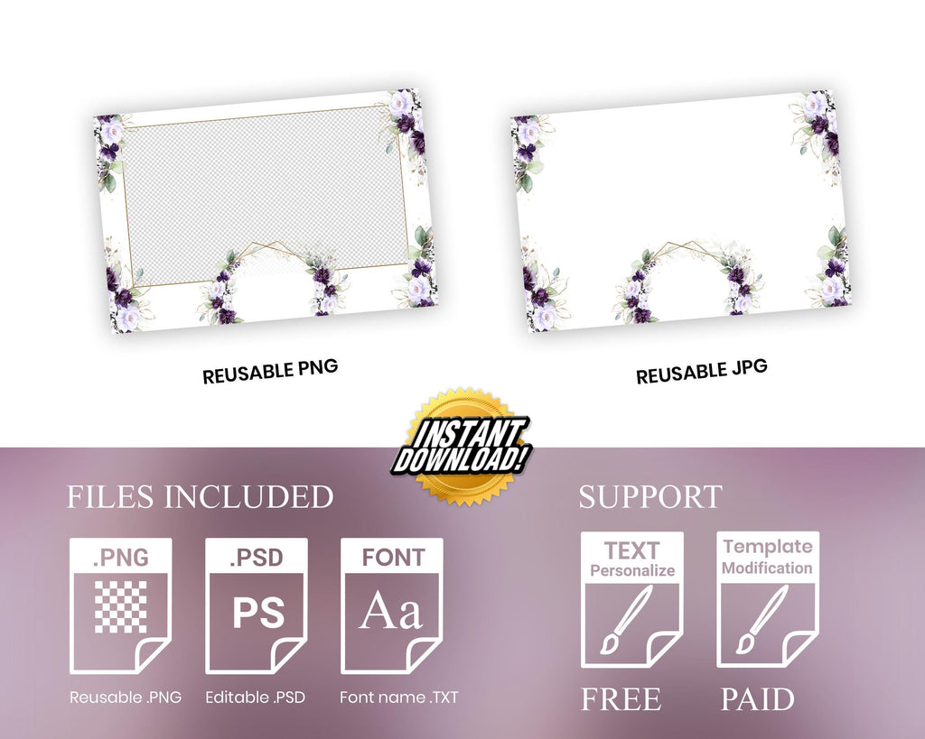 Purple Flowers Wedding Photobooth Template, Floral Blush Rose and Greenery Photo Booth 723