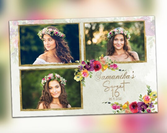 Photobooth Template Sweet 16 Birthday Quinceanera Sweet Sixteen Birthday Photo Booth Template photo 4x6 Bday with flowers and Font