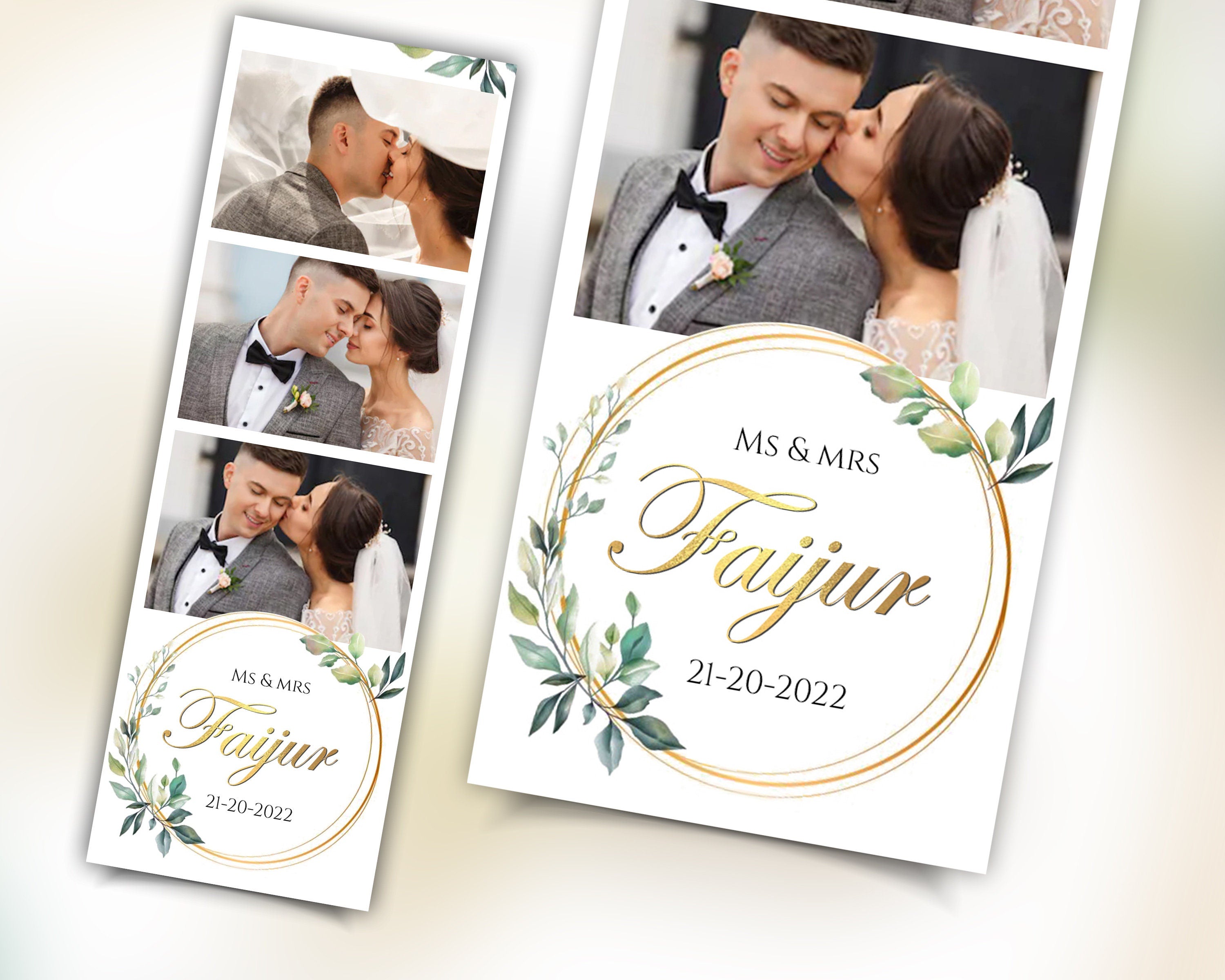 Wedding Photobooth Template, Greenery & Gold Photo Booth Template 2x6 Stripe 3 photo Anniversary