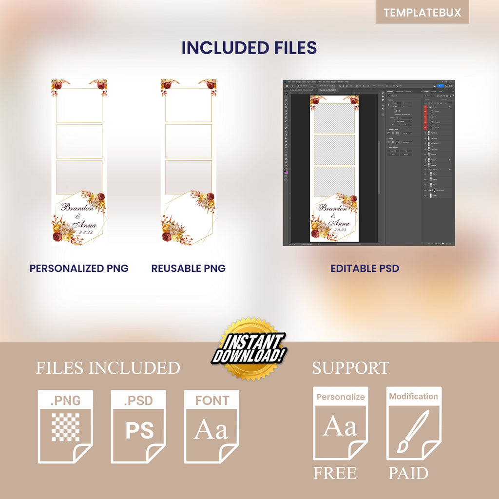 Wedding Photobooth Template Fall photo booth anniversary Fall Festival Thanksgiving with Burnt Orange & burgundy flowers 2x6 Photo booth