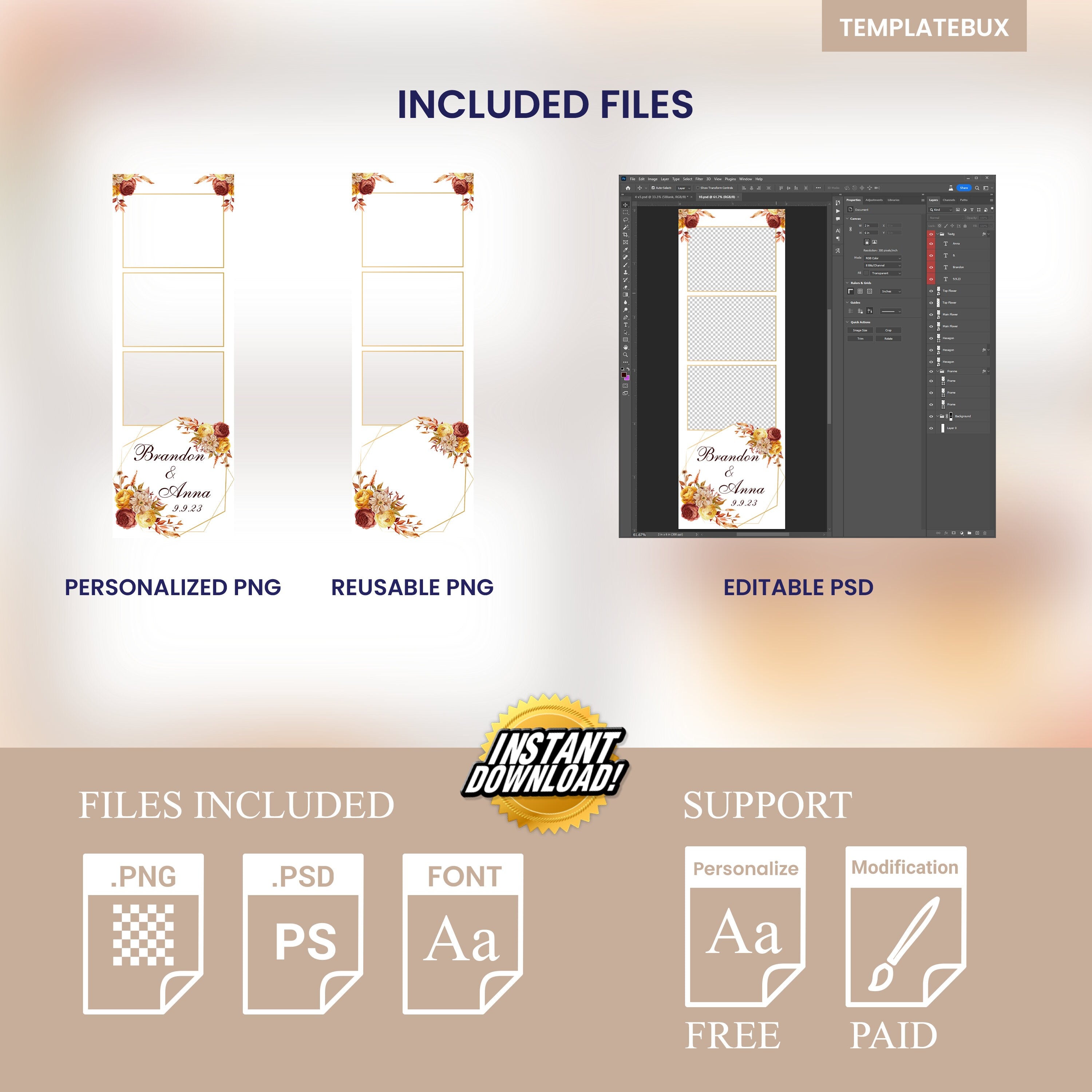 Wedding Photobooth Template Fall photo booth anniversary Fall Festival Thanksgiving with Burnt Orange & burgundy flowers 2x6 Photo booth