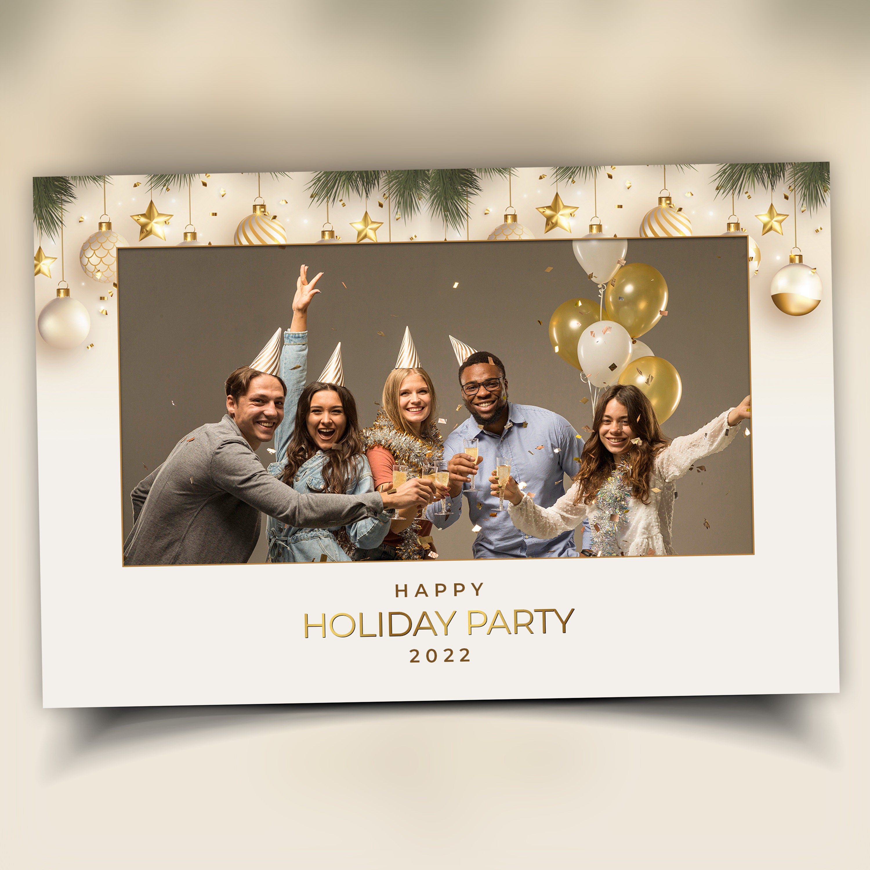 Christmas Photobooth Template 4x6 Landscape Single Photo 2023 Holiday Party Gold and Green Happy New Year Xmas Mirror booth Template CM2