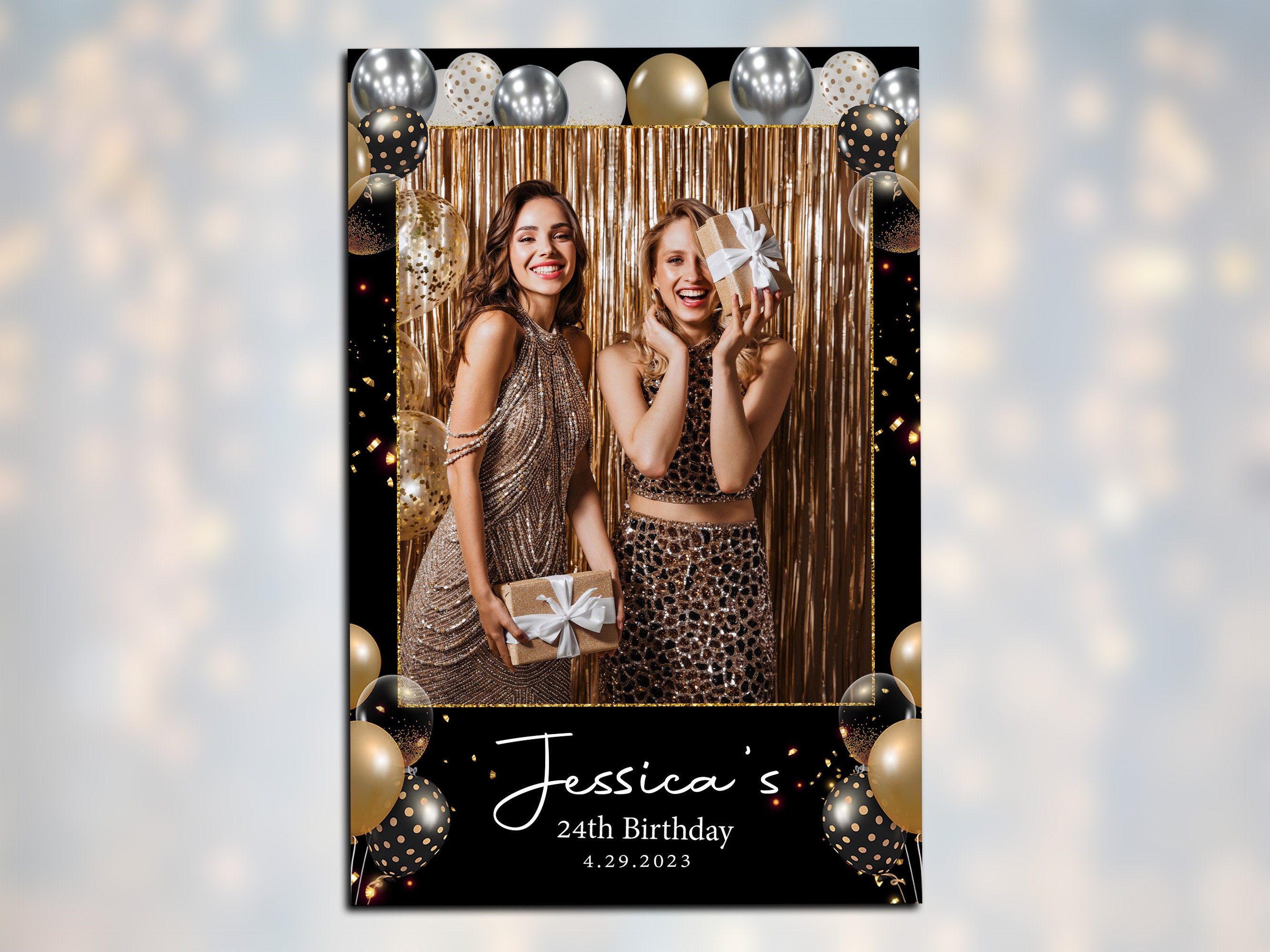 Birthday Photobooth Template Black Gold and Silver balloons 4x6 Portrait Mirror Booth 1 photo Sweet 16 Photo Booth Template Vertical BM2