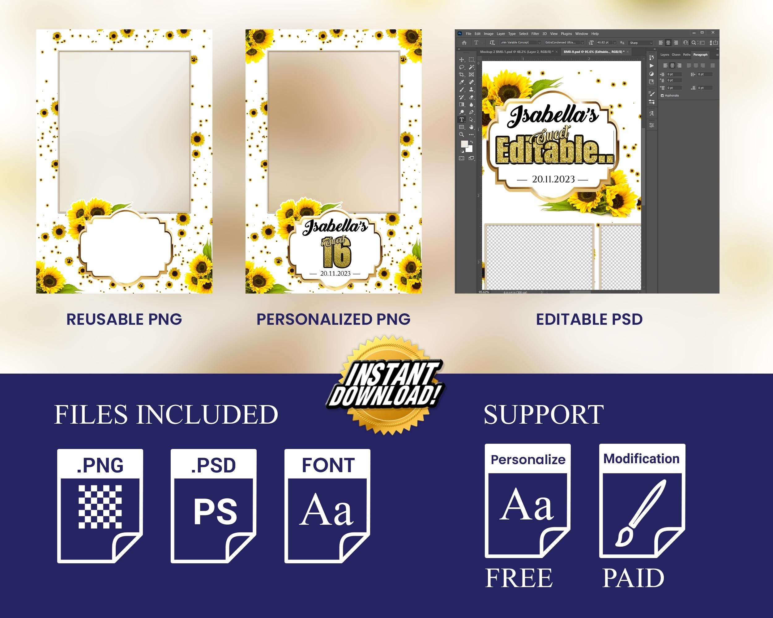 Sunflower Birthday Photobooth Template 4x6 single shot Sweet 16 Quinceañera photo booth template with gold glitter mis quince - BM8