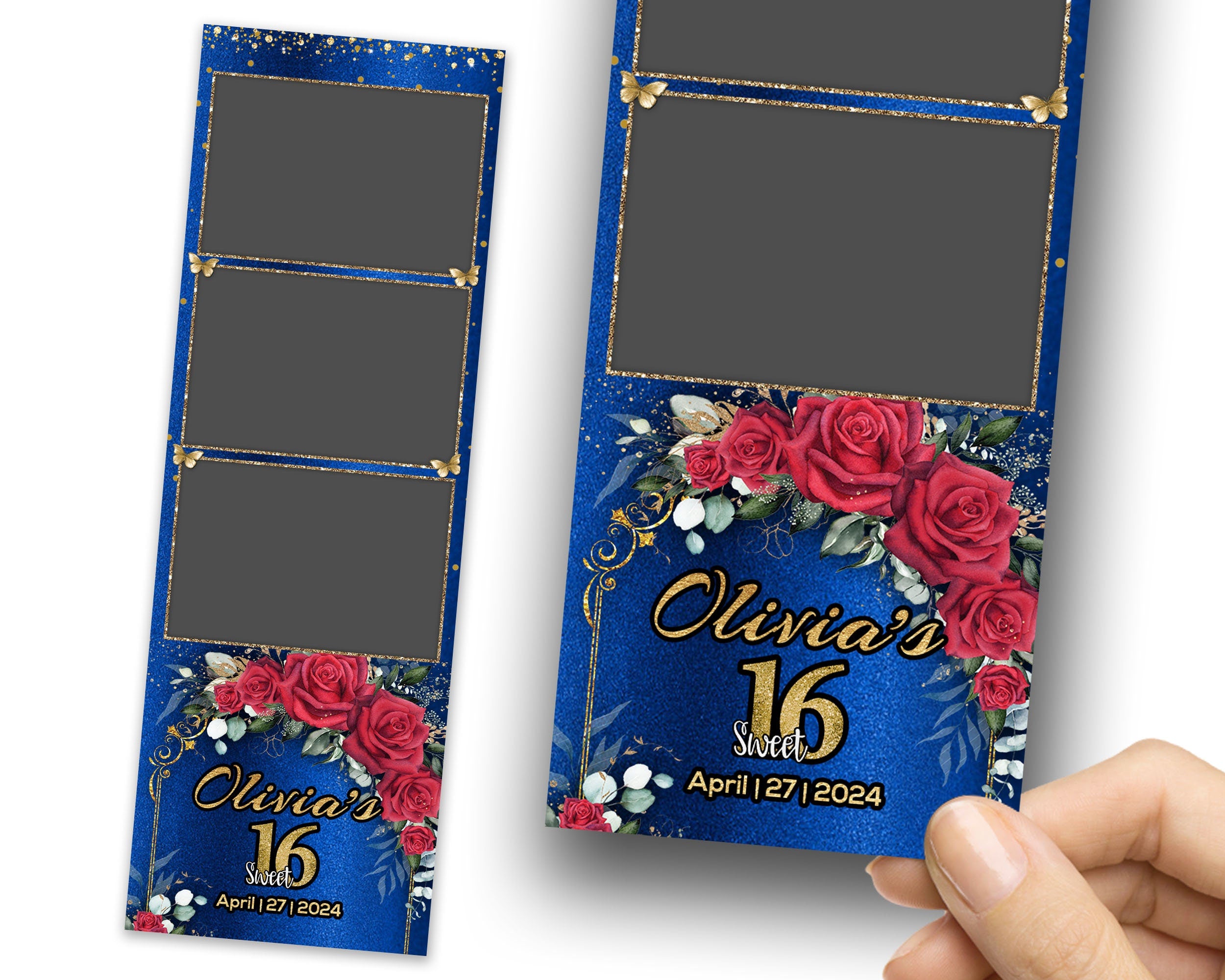 Sweet 16 Photobooth Template, Quinceanera Photo Booth, Birthday Photobooth, Quinceañera, 2x6 Strip, Red Flower, Butterfly, Blue 1105