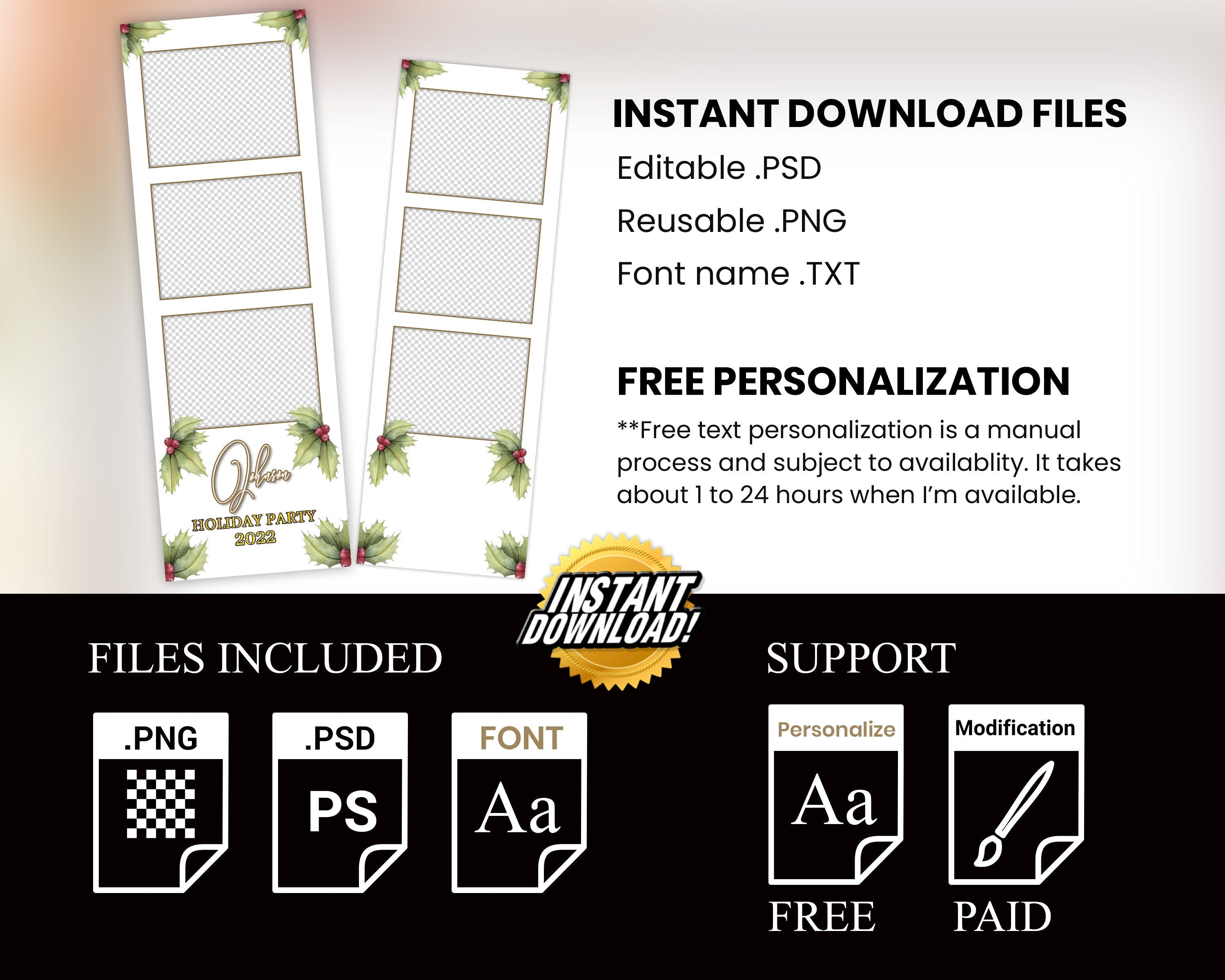 Christmas Photobooth Template Merry Christmas and New Year Strip Winter Wonderland and Holiday Photobooth Template Gold Black Silver 2x6