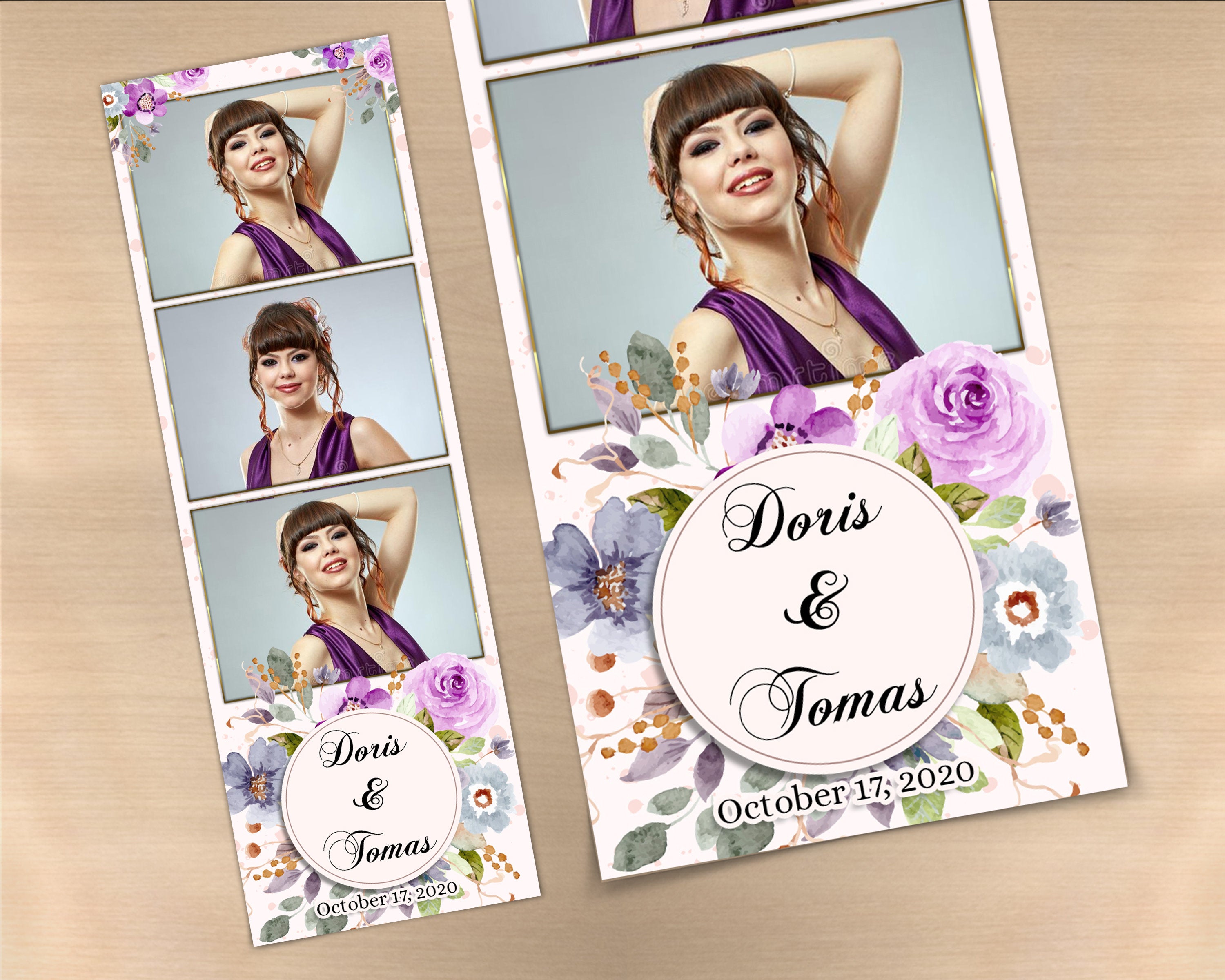 Photo Booth Template purple floral gold greenery Floral Bridal Wedding Quinceanera Sweet Sixteen Birthday photo Strips 2 x 6
