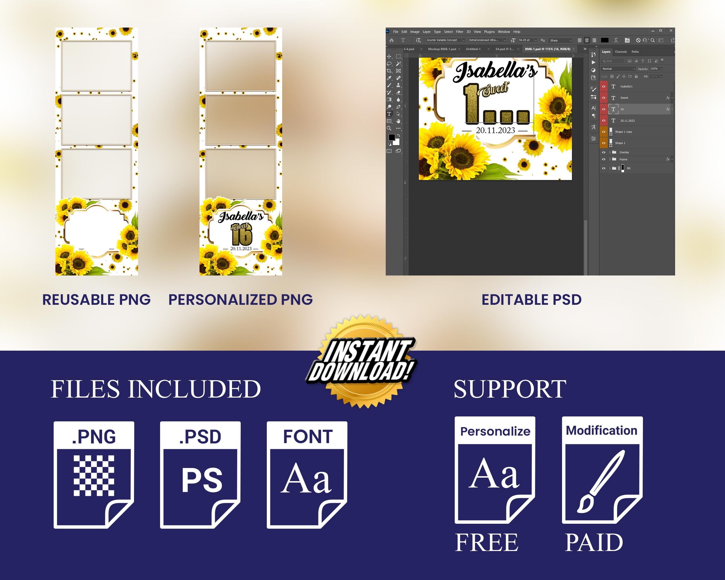 Sunflower Birthday Photobooth Template 2x6 Sweet 16 Quinceañera photo booth template with gold glitter writing for mis quince - BM8