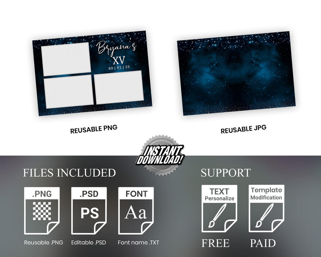 Sweet 16 Photobooth Template, Sweet Sixteen, Quinceañera, 16th Birthday Photo Booth, Quinceanera, Mis Quince, XV, 2x6 Blue Strip 1076