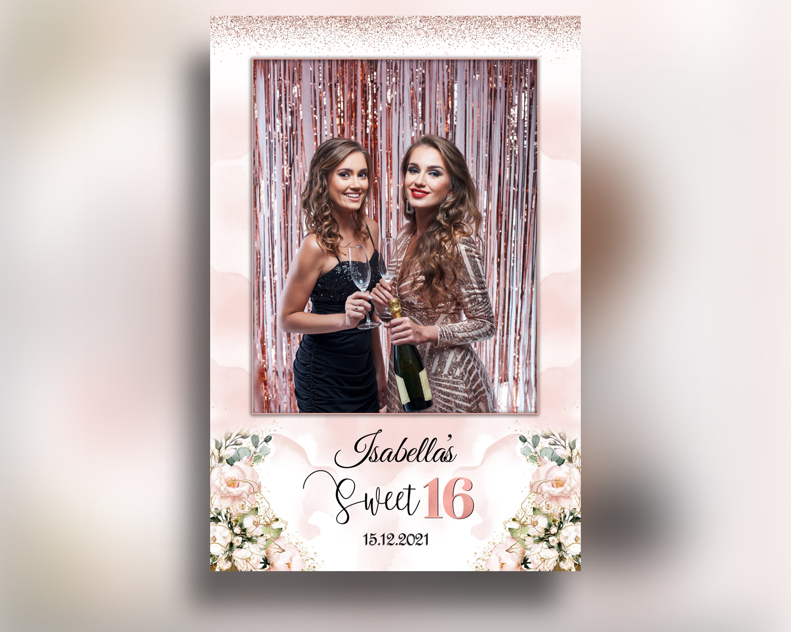 Birthday Sweet Sixteen Photobooth Template in pink rose gold Sweet 16, Quinceanera, Wedding Photo Booth Template 4x6 Single 1 photo layout
