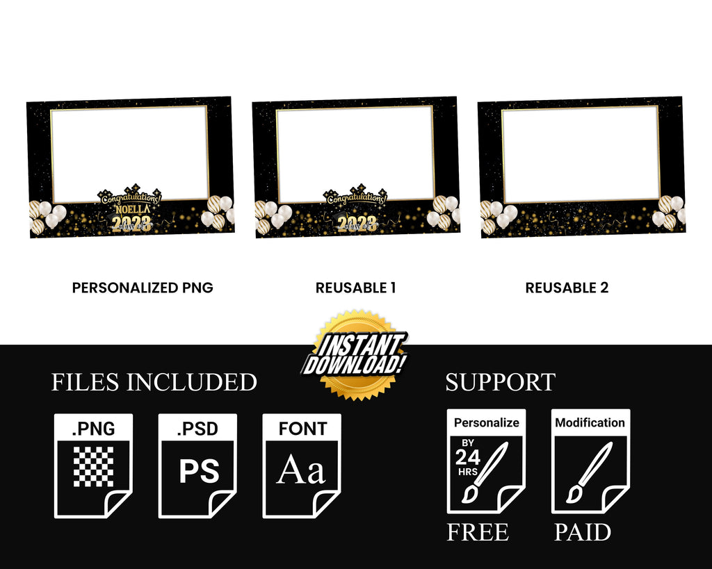 Class of 2023 Black & Gold Graduation Photobooth Template Stylish Elegant 4x6 Landscape Single photo mirror booth template photo booth PSD