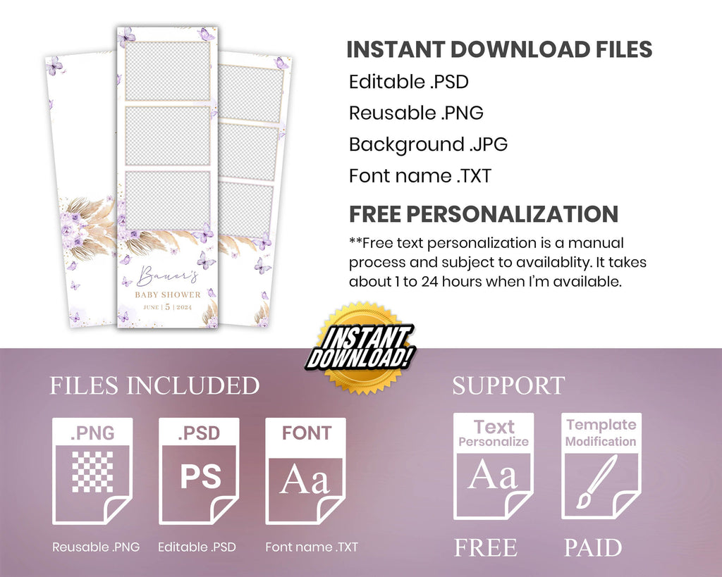 Baby Shower Photobooth Template, Baby Shower Photobooth Template, Sweet 16 Butterfly 2x6 Strip, Purple Quinceanera Birthday Photobooth 1098