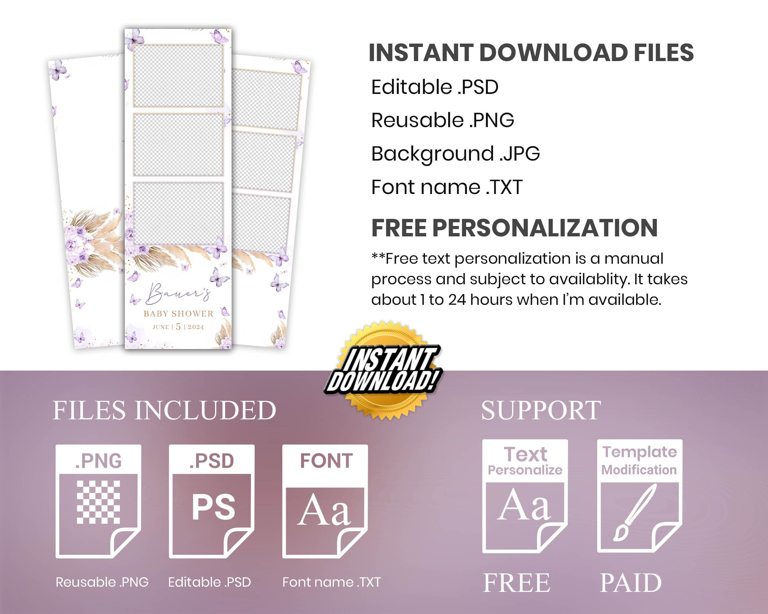Baby Shower Photobooth Template, Baby Shower Photobooth Template, Sweet 16 Butterfly 2x6 Strip, Purple Quinceanera Birthday Photobooth 1098