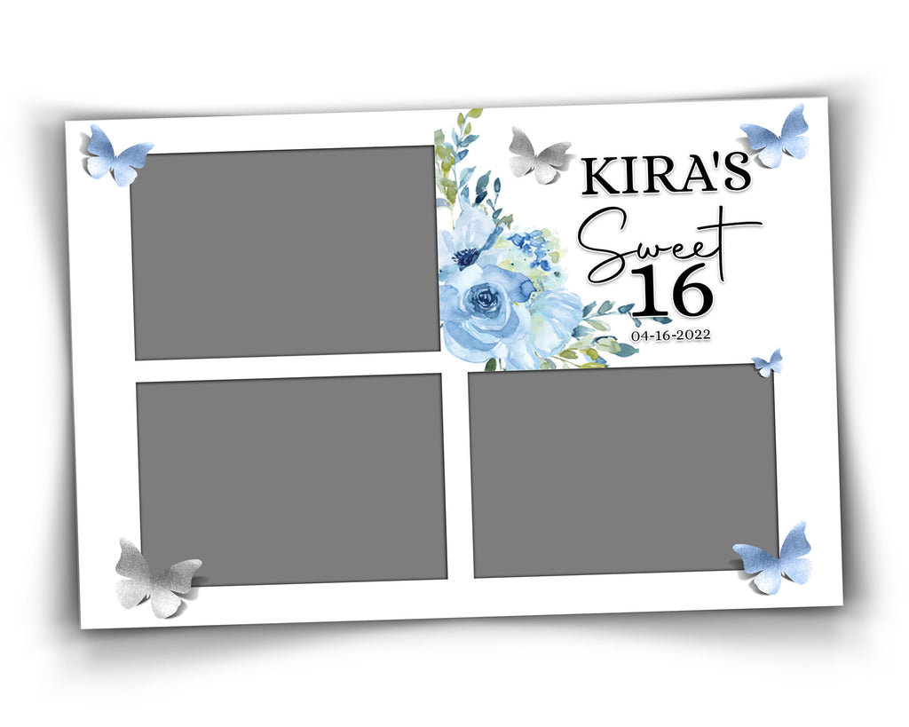 Birthday Sweet 16 Quinceañera Photobooth Template, Mis Quince, XV, Blue Floral Photo Booth Template