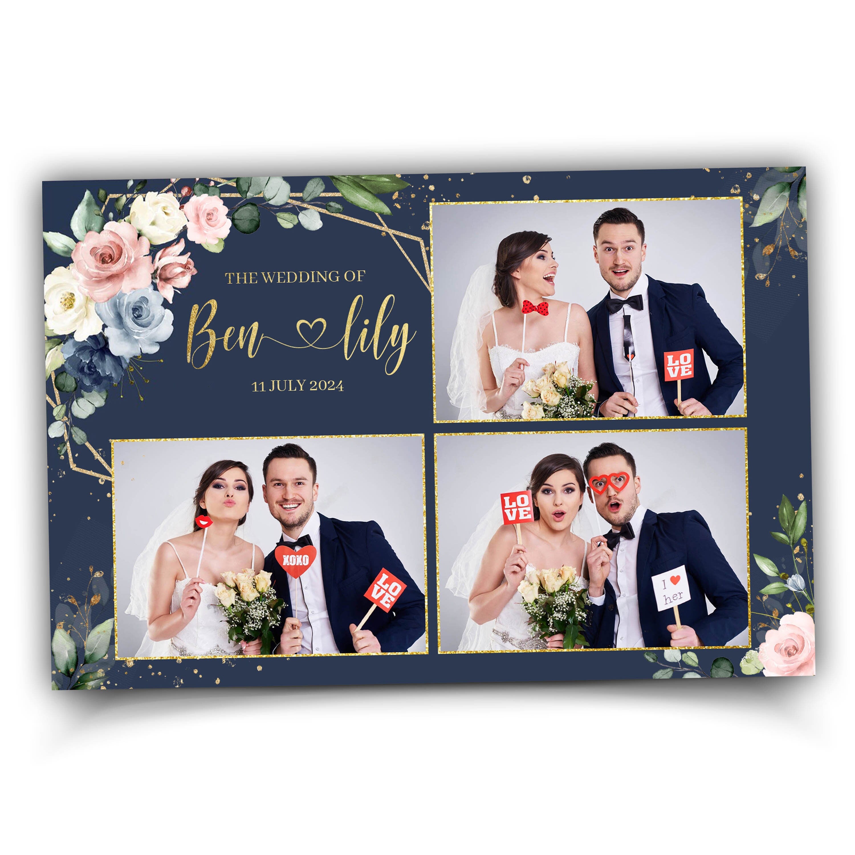 Blue wedding floral photobooth template, Anniversary floral blush greenery and flowers, Gold geomatric text editable photo booth 1054