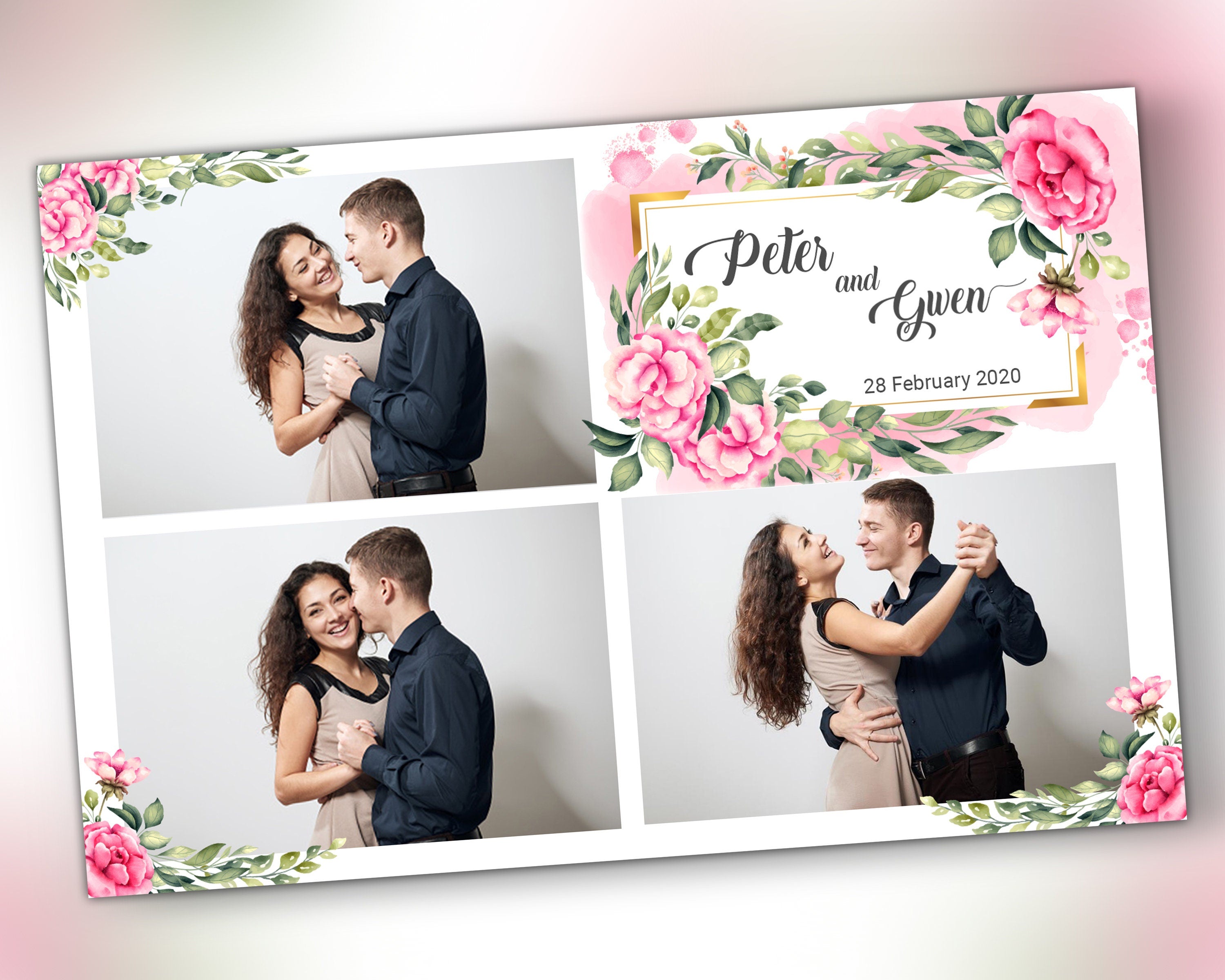 Pink Floral Photo Booth Template Greenery Leaves and Pink Floral Wedding Photobooth, Bridal Shower, Anniversary 4x6