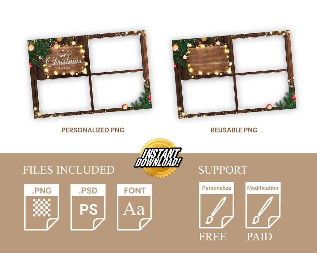 Christmas Photobooth Template 2024 Happy Holidays and New Year 2024, Wooden and Greenery with Lights 4x6 Xmas Photo booth Template CM4