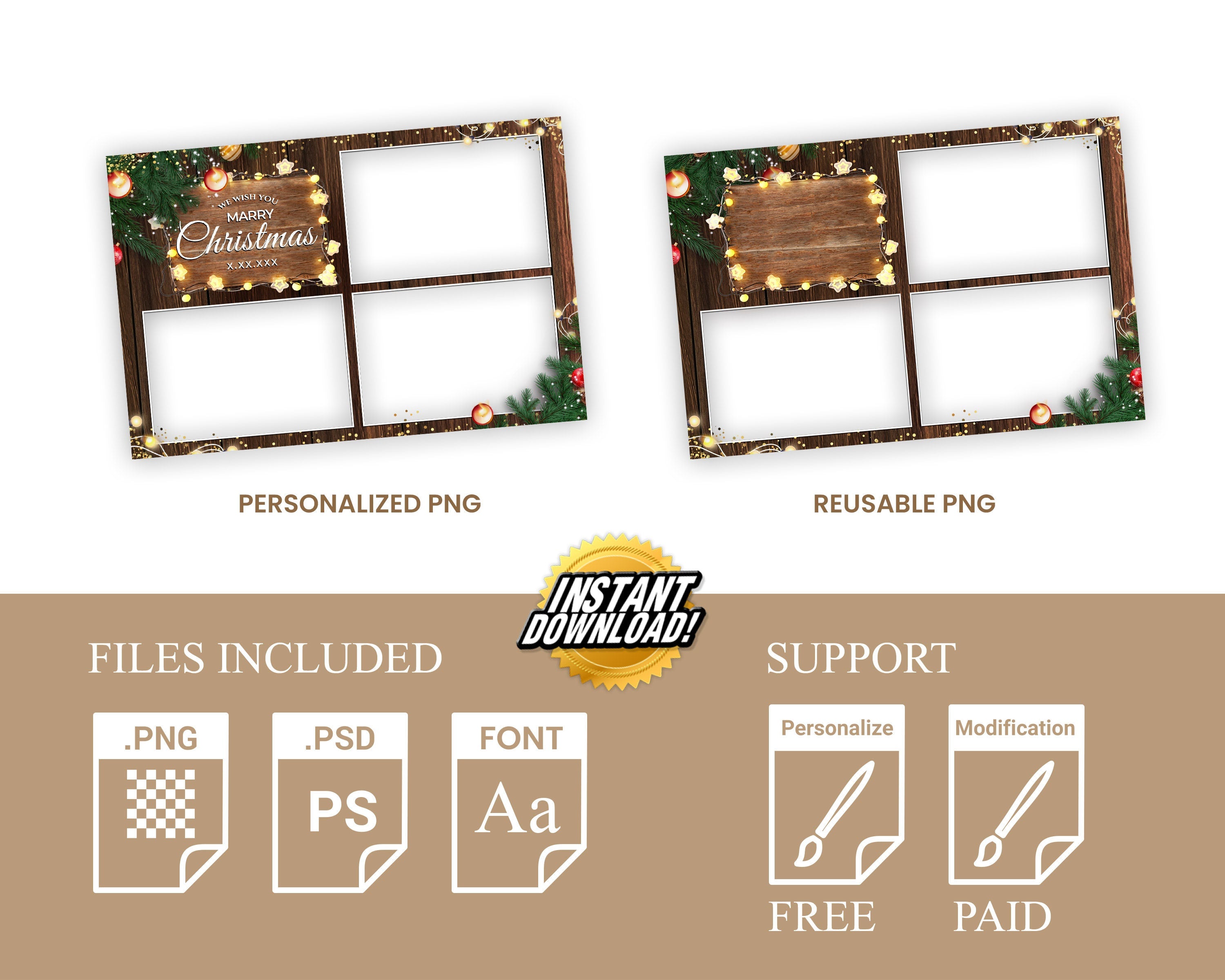 Christmas Photobooth Template 2024 Happy Holidays and New Year 2024, Wooden and Greenery with Lights 4x6 Xmas Photo booth Template CM4