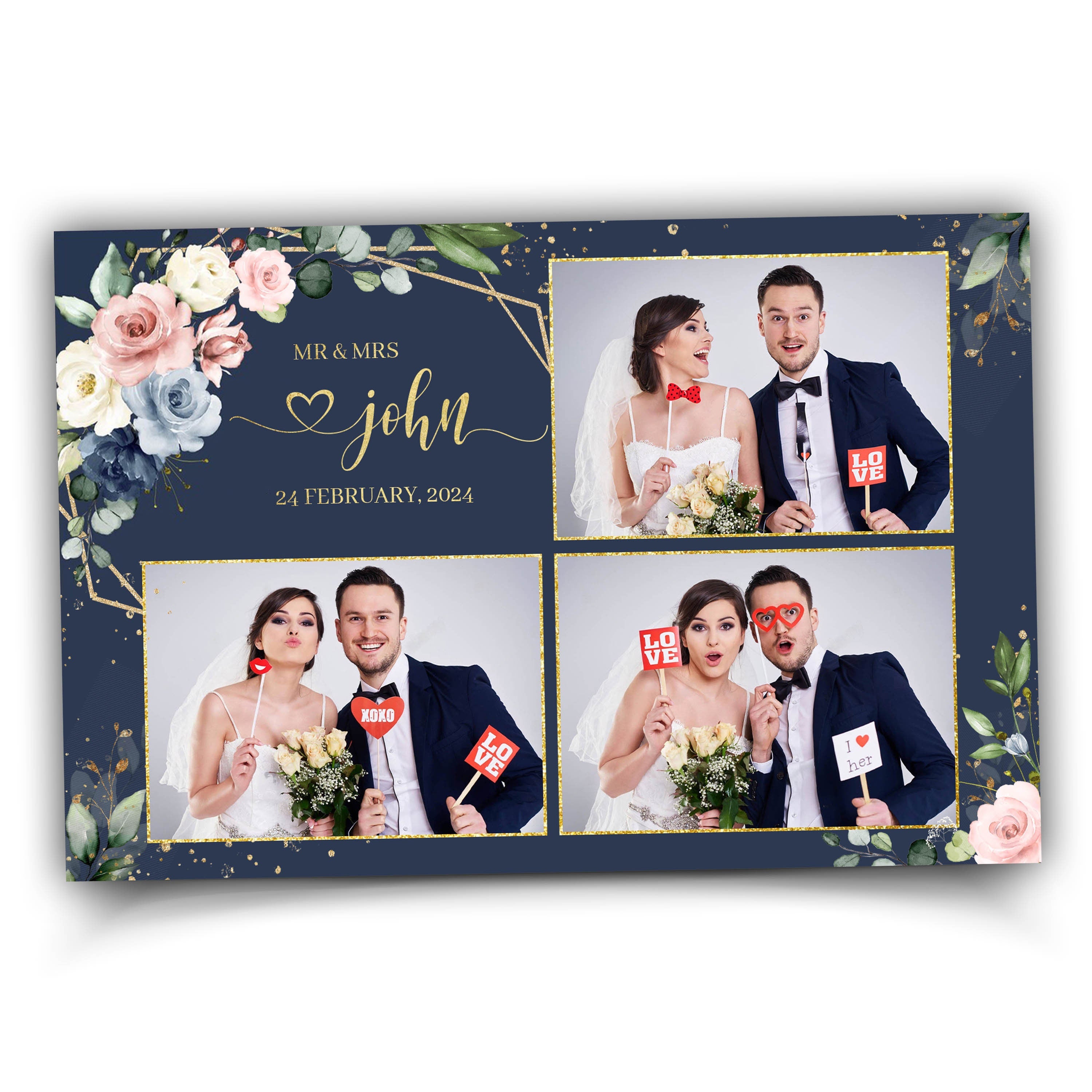 Blue wedding floral photobooth template, Anniversary floral blush greenery and flowers, Gold geomatric text editable photo booth 1054