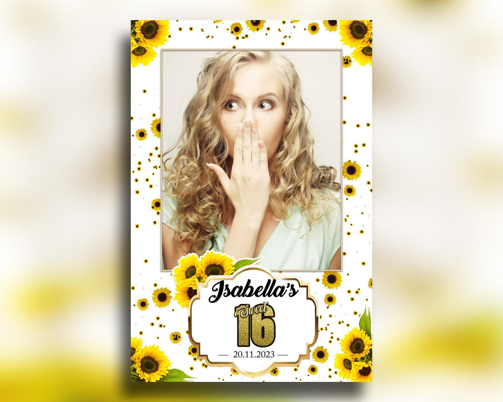 Sunflower Birthday Photobooth Template 4x6 single shot Sweet 16 Quinceañera photo booth template with gold glitter mis quince - BM8