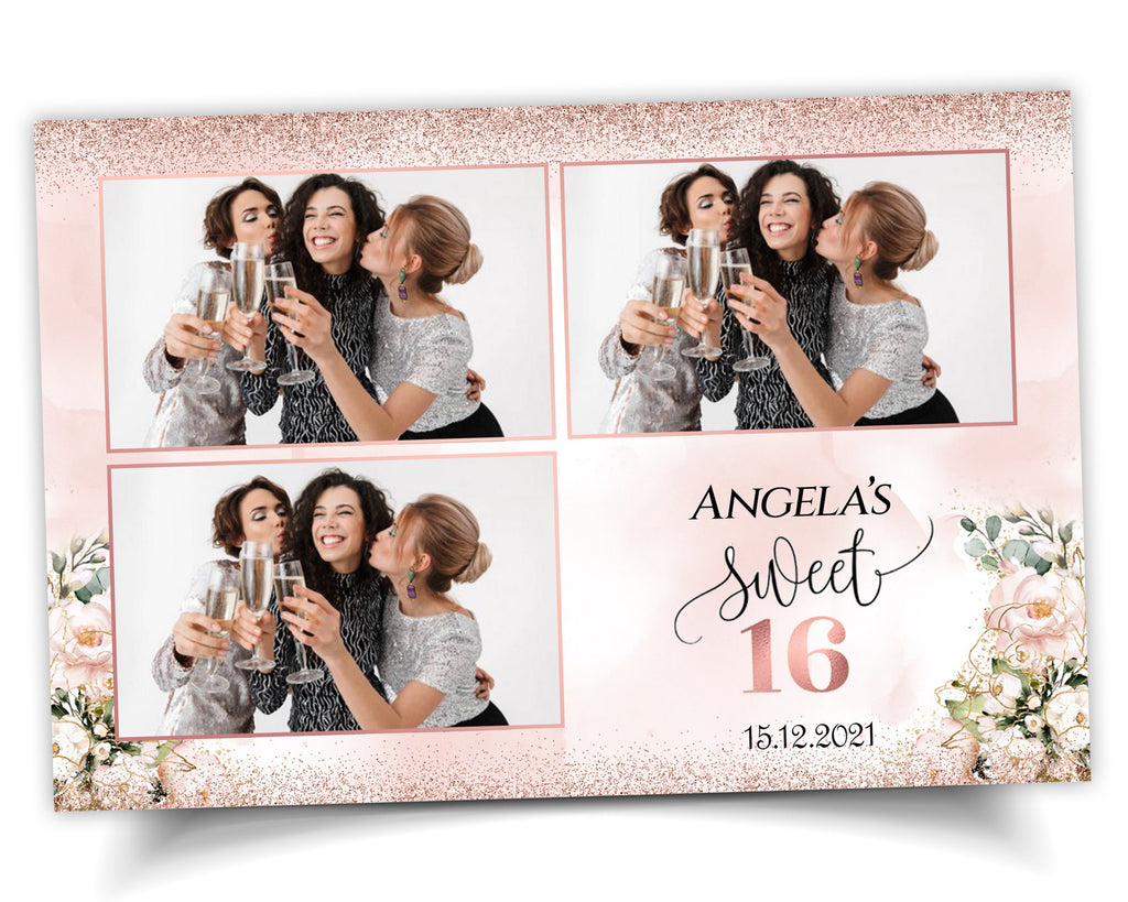 Birthday Sweet Sixteen Photobooth Template in pink rose gold Sweet 16, Quinceanera, Wedding Photo Booth Template 4x6 Postcard layout 3 photo