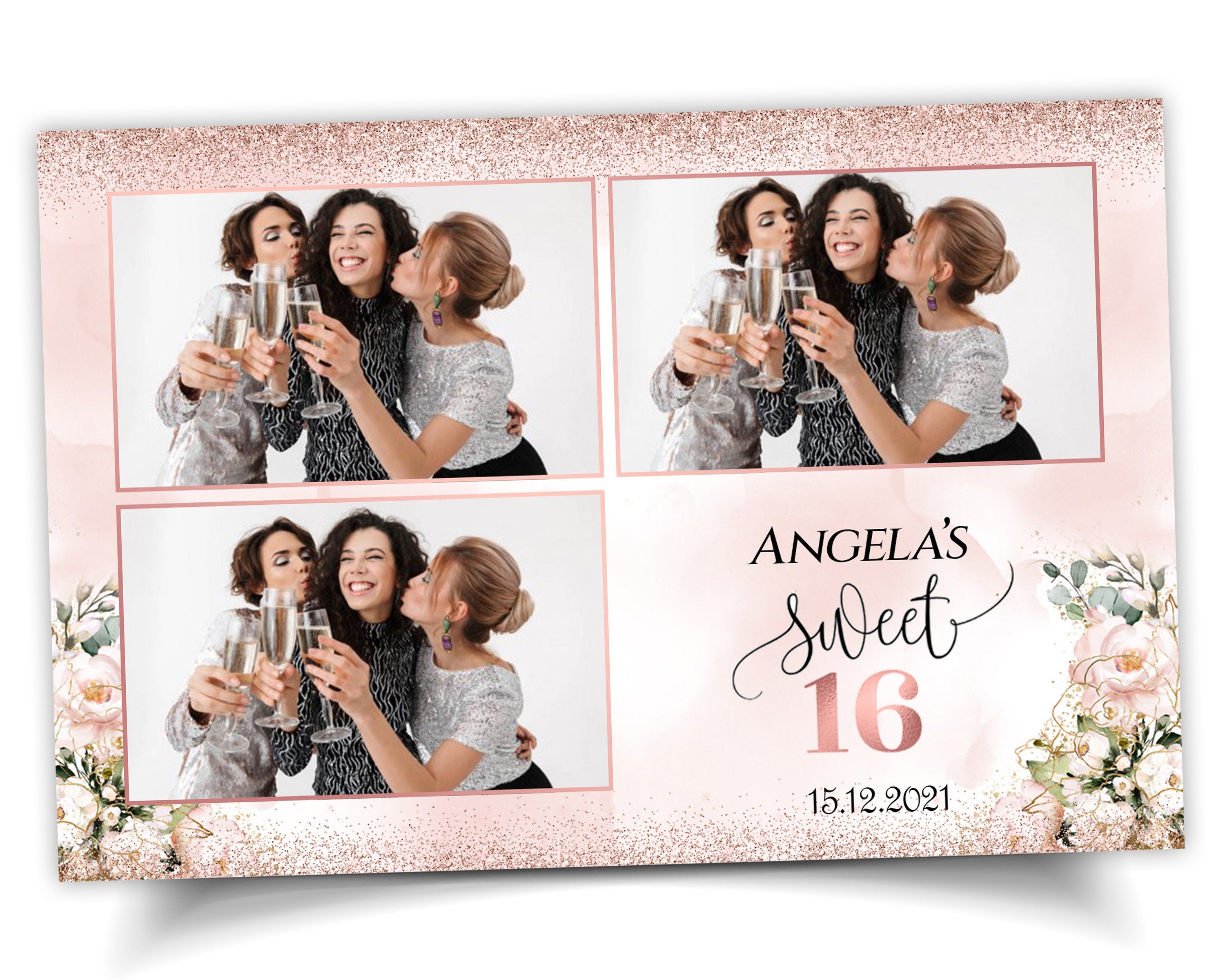 Birthday Sweet Sixteen Photobooth Template in pink rose gold Sweet 16, Quinceanera, Wedding Photo Booth Template 4x6 Postcard layout 3 photo