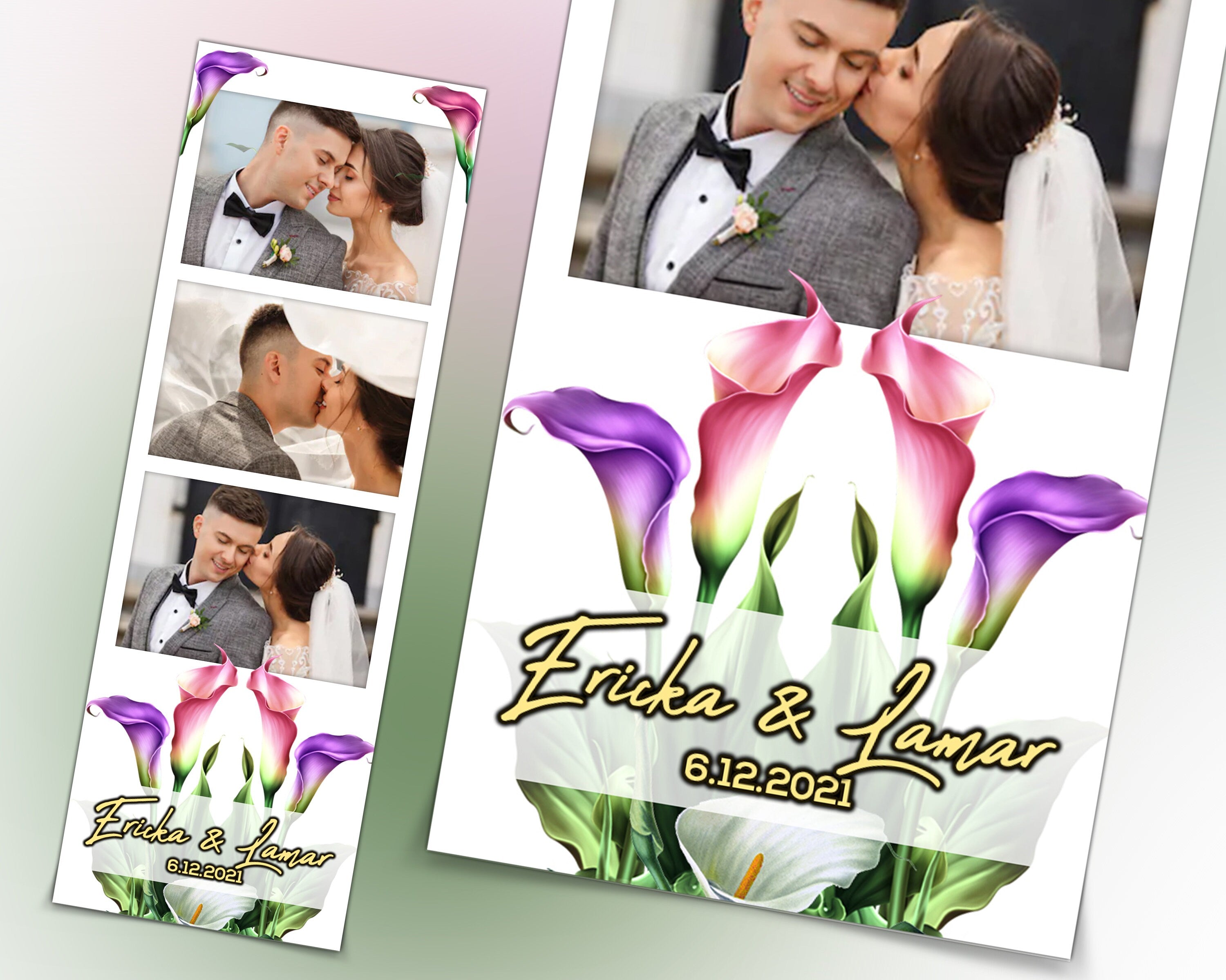 Wedding Calla Lilies Flowers Photo Booth Template Floral Bridal Shower, Anniversary Photo Booth Template 2x6 photo strip with fonts